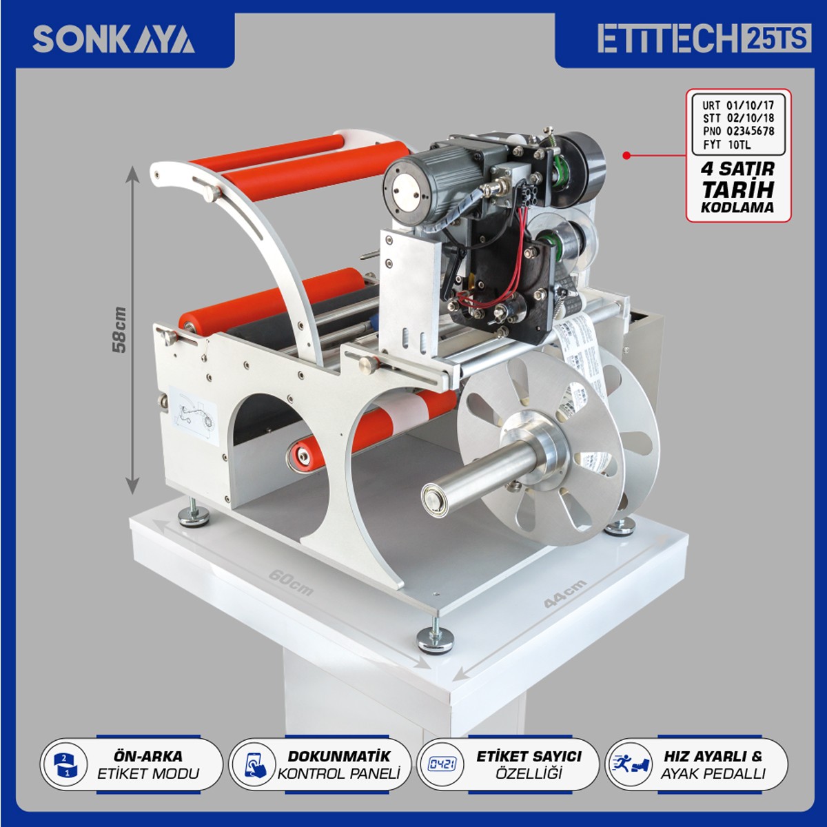 Etitech 25TS Yarı Otomatik Şeffaf Etiket Şişe Etiketleme Makinası 4 Satır Kodlamalı