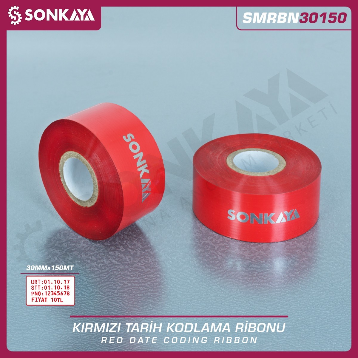 SMRBN30150 Kırmızı Sıcak Baskı Tarih Kodlama Ribonu Folyosu 30 mm 150 Metre