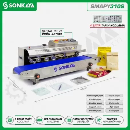 SMAPY310S Sayıcılı Kodlamalı Konveyörlü Poşet Kapatma Makinası