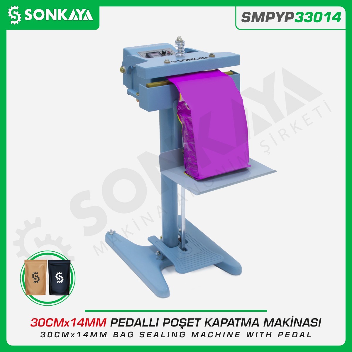 SMPYP33014 Pedallı Poşet Yapıştırma Makinası 2 Çene 30CM 14MM