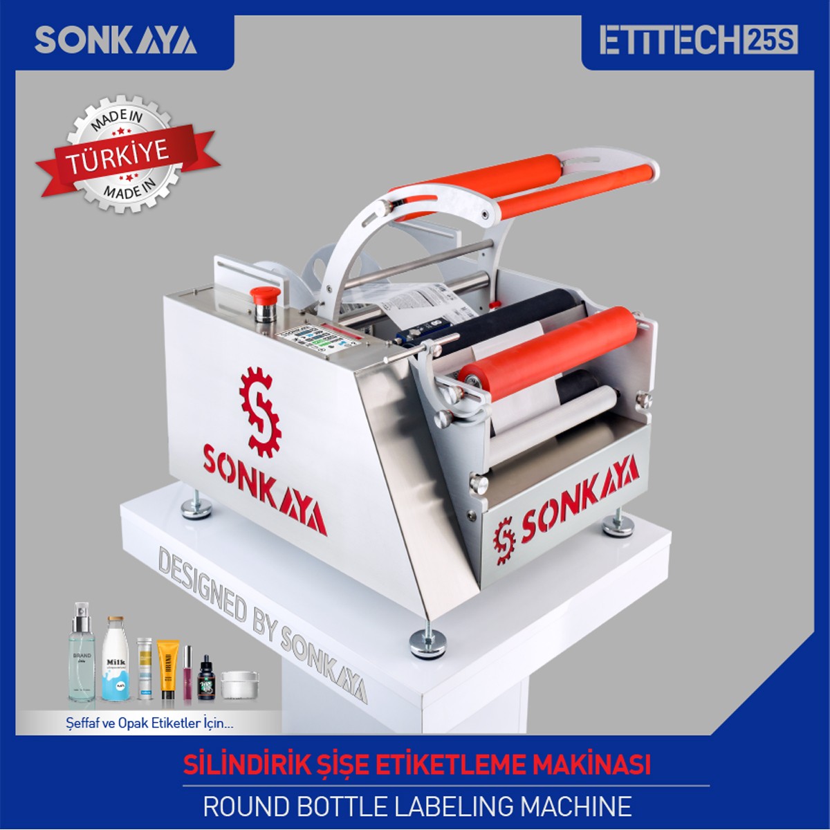 Etitech 25S Yarı Otomatik Şeffaf Etiket Şişe Etiketleme Makinası