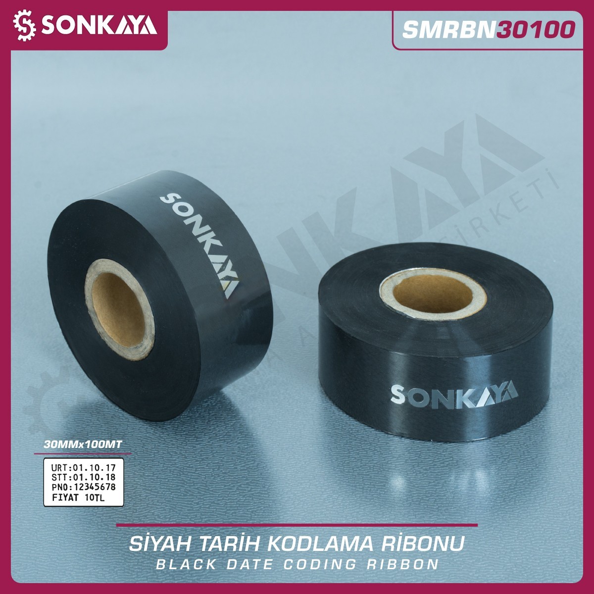 SMRBN30100 Siyah Sıcak Baskı Tarih Kodlama Ribonu Folyosu 30 mm 100 Metre