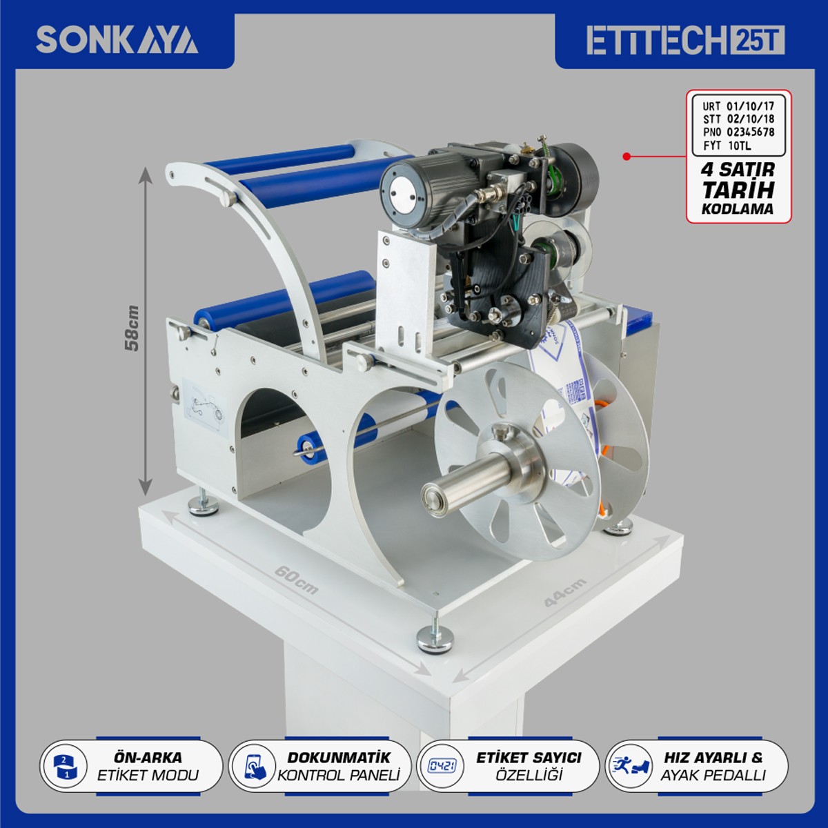 Etitech 25T Yarı Otomatik Şişe Etiketleme Makinası 4 Satır Kodlamalı