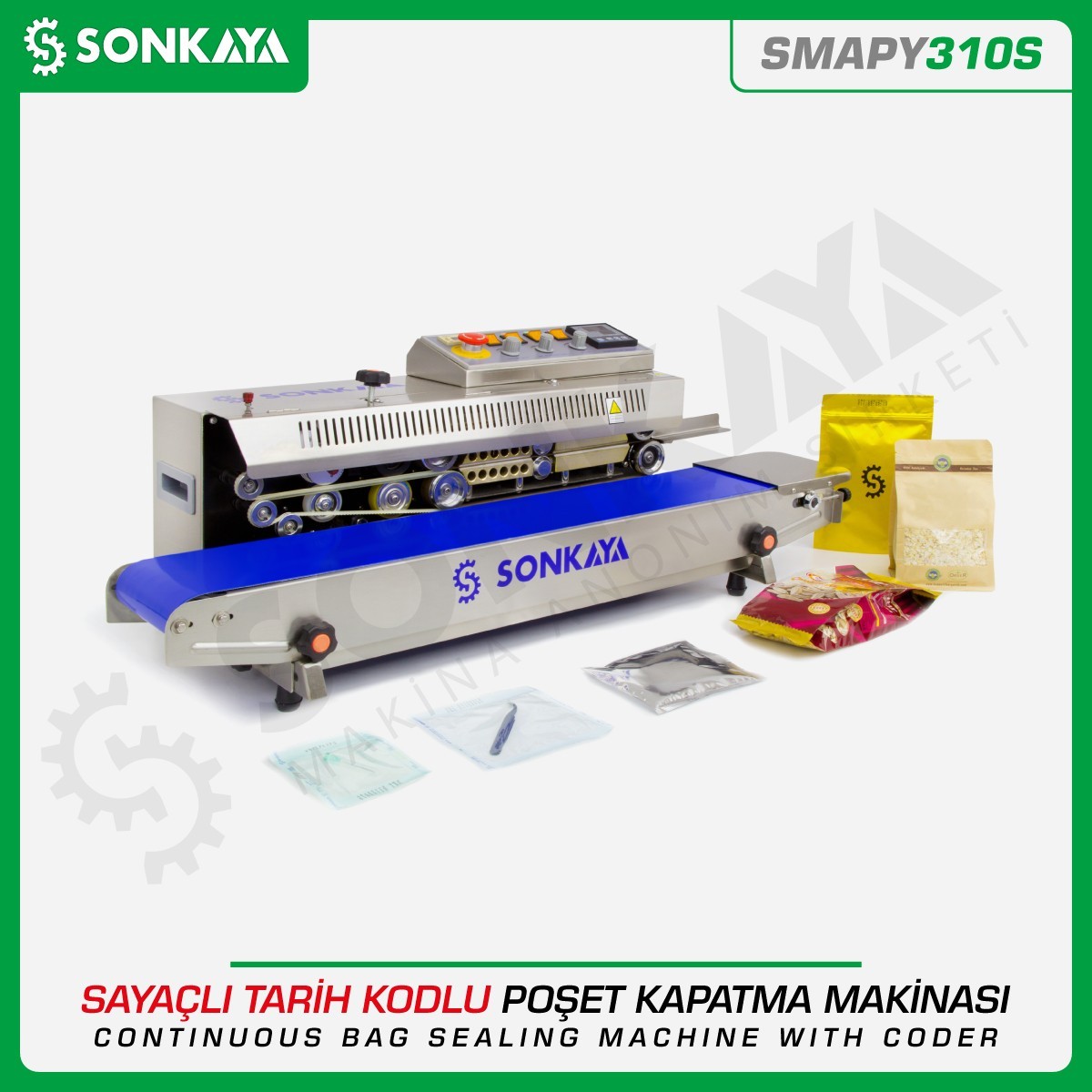 SMAPY310S Sayıcılı Kodlamalı Konveyörlü Poşet Kapatma Makinası