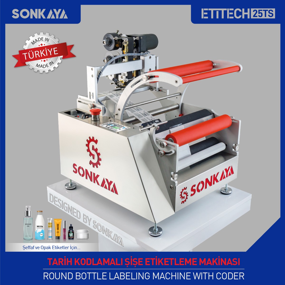 Etitech 25TS Yarı Otomatik Şeffaf Etiket Şişe Etiketleme Makinası 4 Satır Kodlamalı