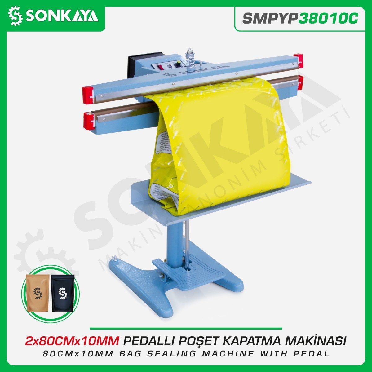 SMPYP38010C Pedallı Poşet Kapatma Makinası Çift Çeneli 80 CM 10MM