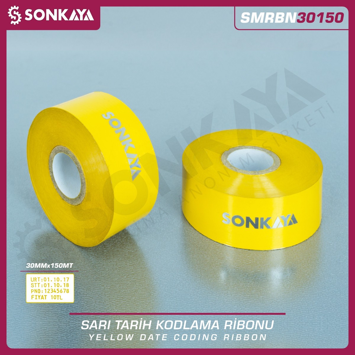 SMRBN30150 Sarı Sıcak Baskı Tarih Kodlama Ribonu Folyosu 30 mm 150 Metre