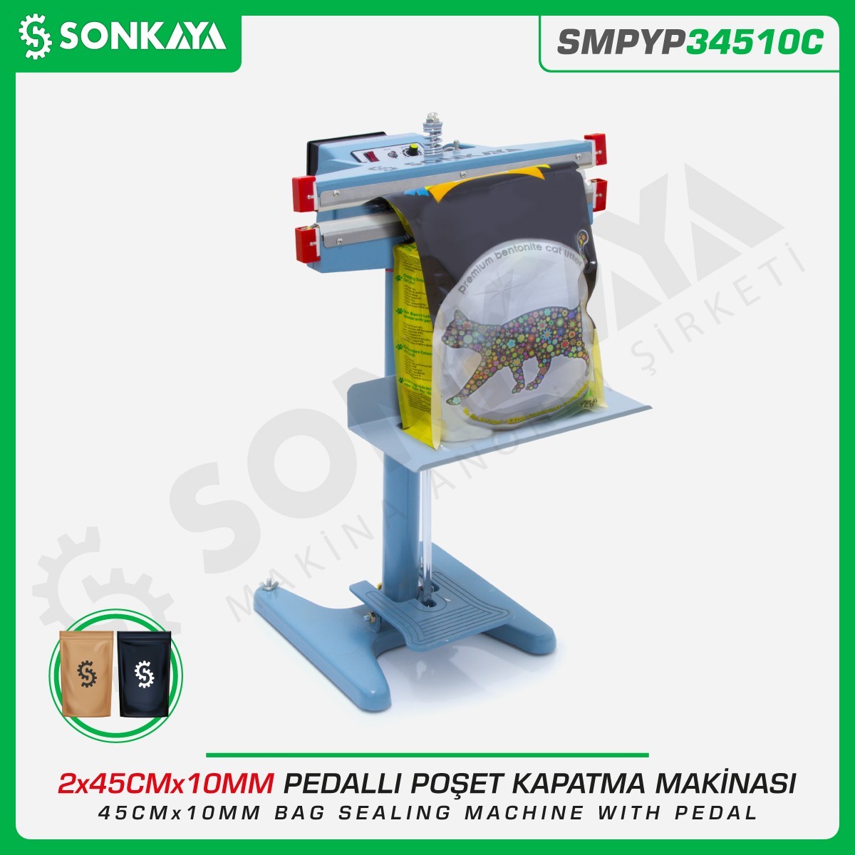 SMPYP34510C Pedallı Poşet Kapatma Makinası Çift Çeneli 45CM 10MM