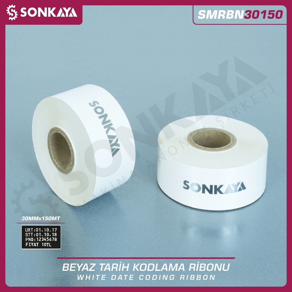 SMRBN30150 Beyaz Sıcak Baskı Tarih Kodlama Ribonu Folyosu 30 mm 150 Metre