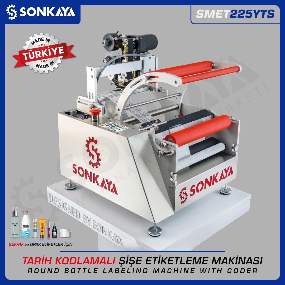 SMET225YTS Yarı Otomatik Şeffaf Etiket Şişe Etiketleme Makinası 4 Satır Kodlamalı