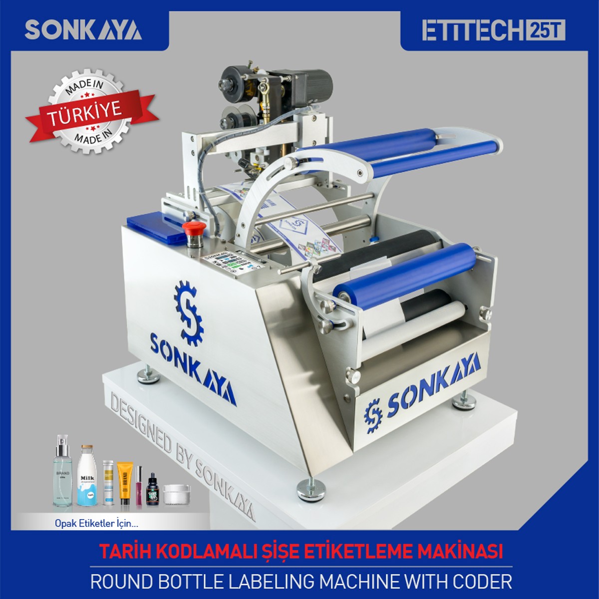 Etitech 25T Yarı Otomatik Şişe Etiketleme Makinası 4 Satır Kodlamalı