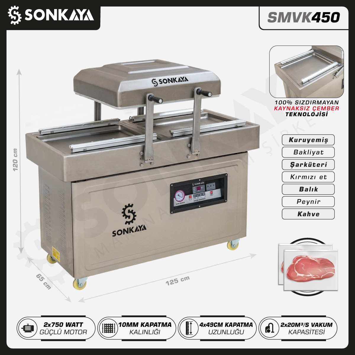 SMVK450 Çift Hazneli Vakum Makinası 4x 49cm 10mm