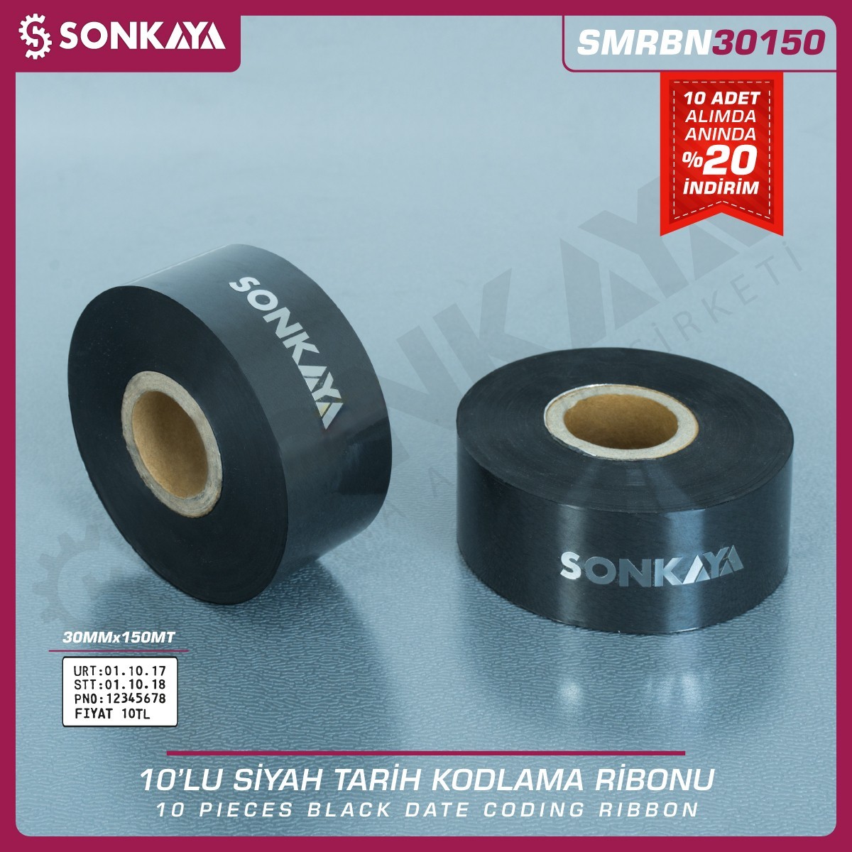 SMRBN30150 Siyah Sıcak Baskı Tarih Kodlama Ribonu Folyosu 30 mm 150 Metre 10'lu Kampanya