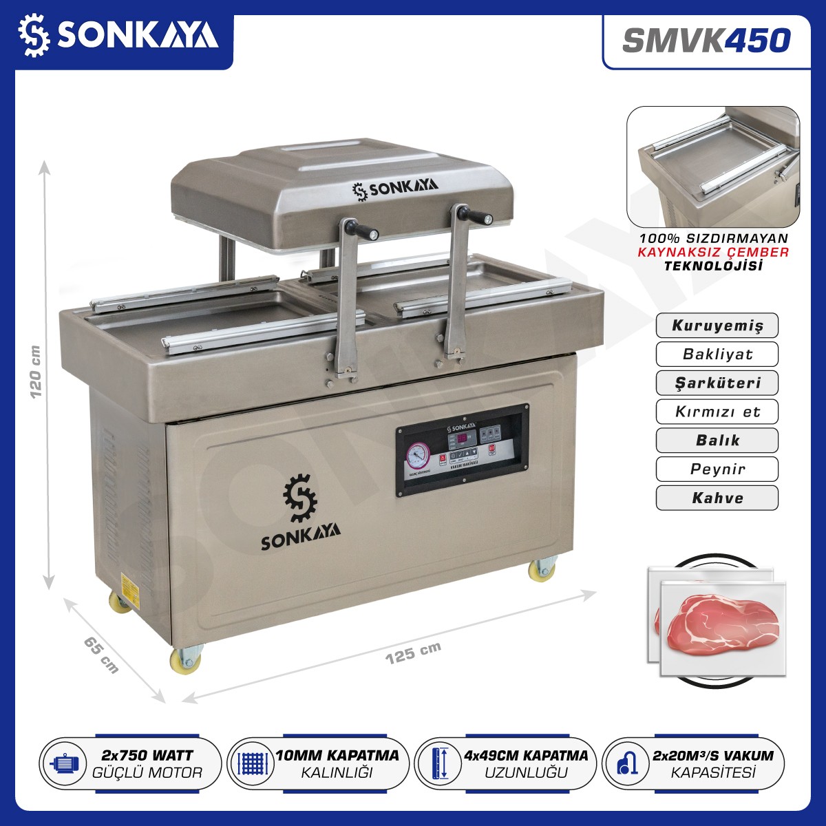 SMVK450 Çift Hazneli Vakum Makinası 4x 49cm 10mm