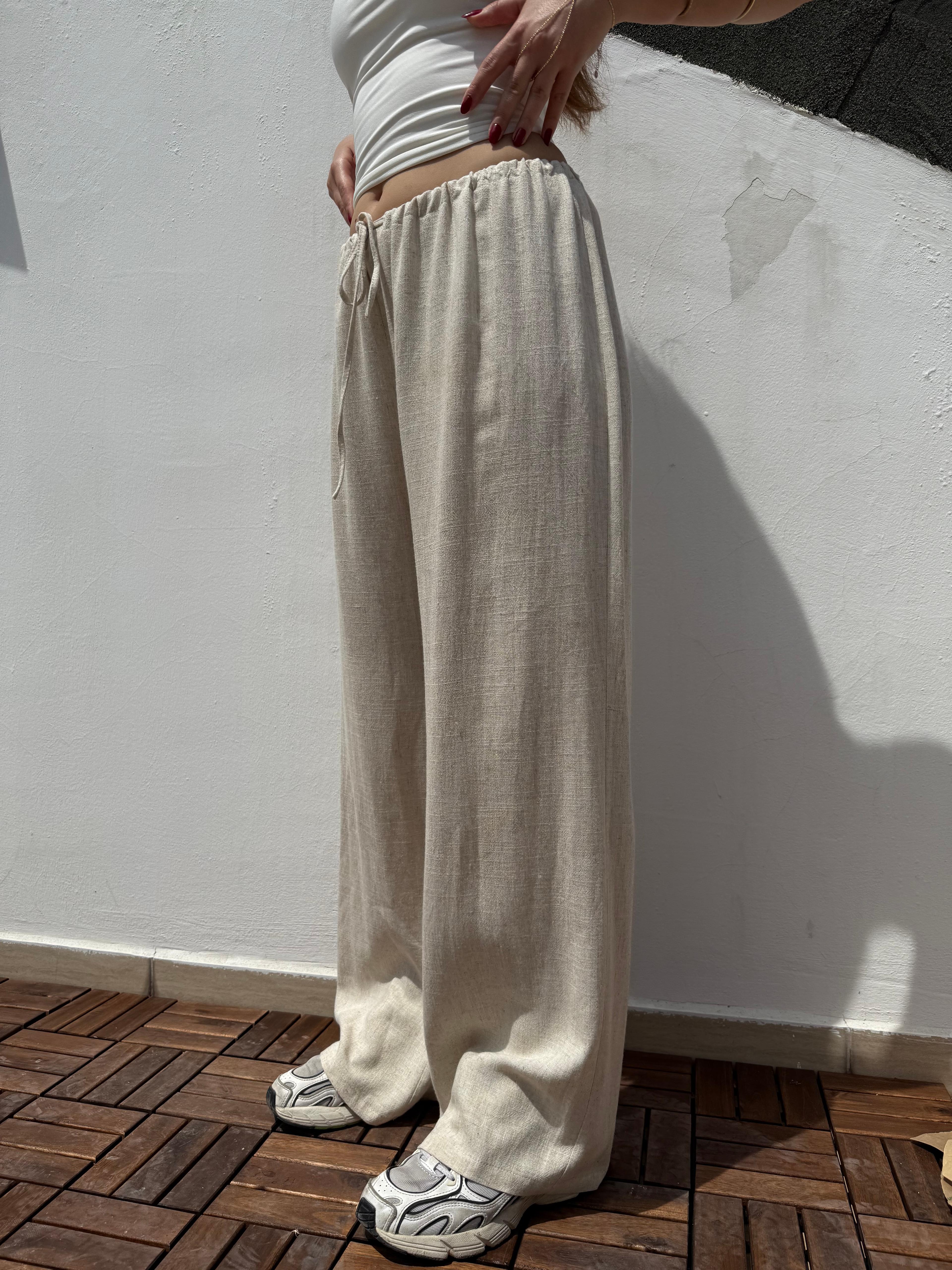 İpli Keten Pantolon