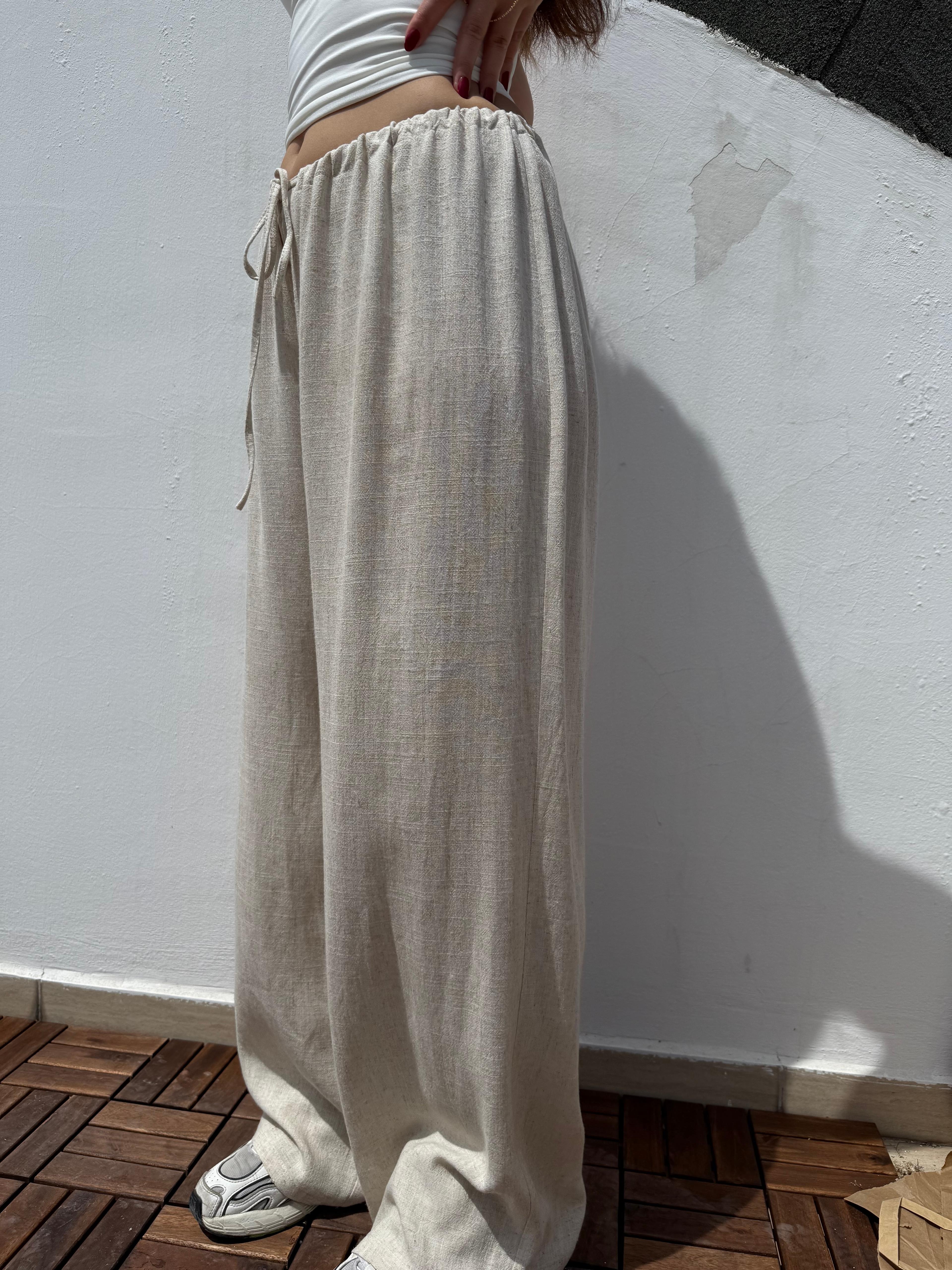 İpli Keten Pantolon