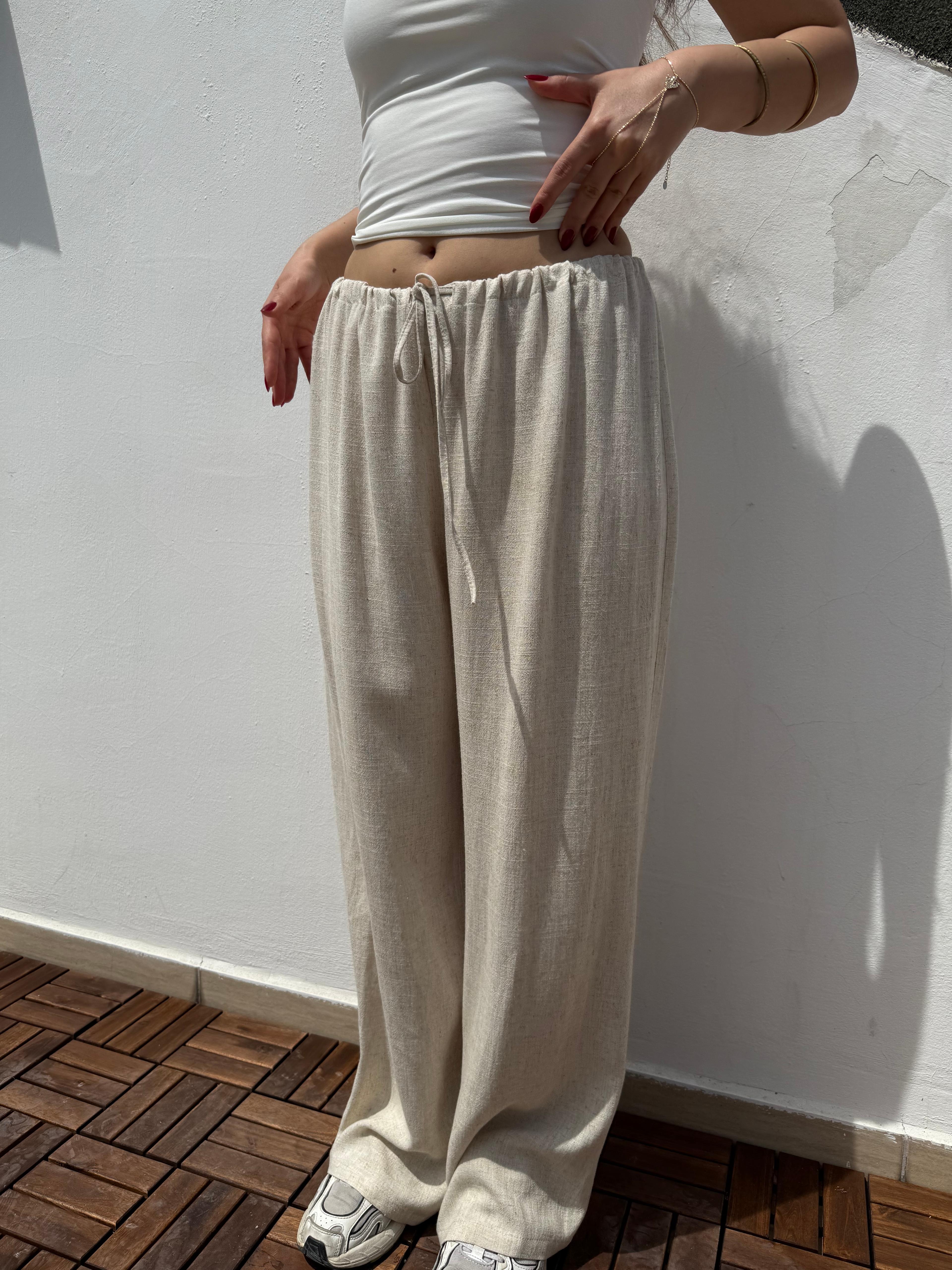 İpli Keten Pantolon