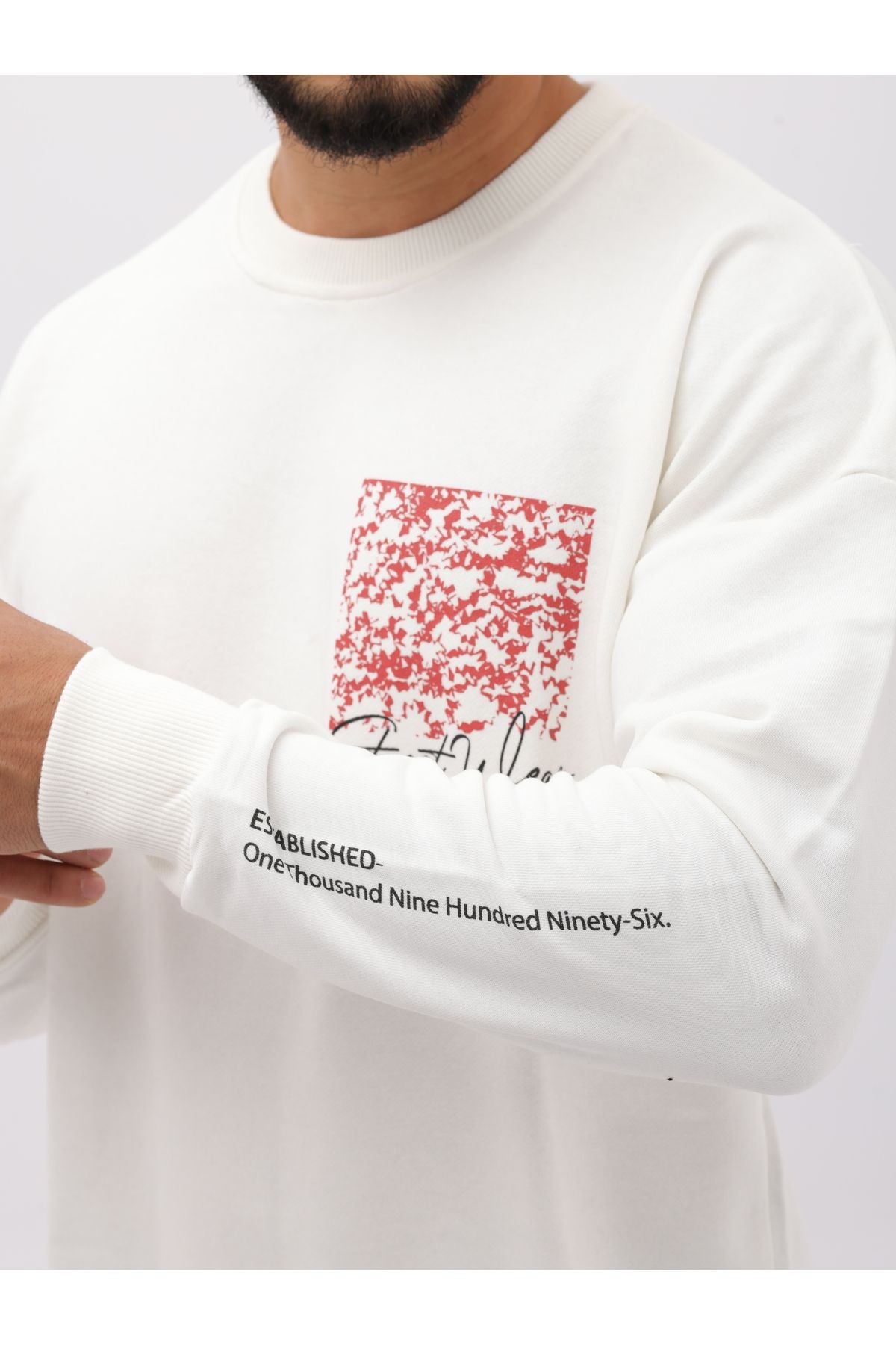 Beyaz Renk Baskılı Bisiklet Yaka Oversize Sweatshirt