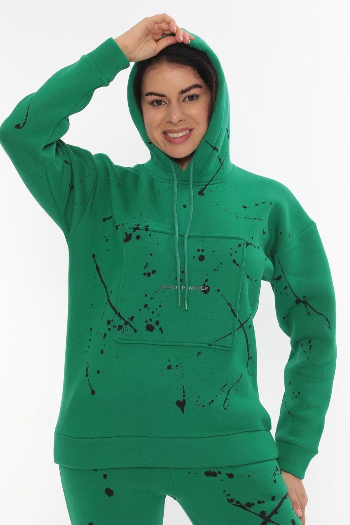 Unisex Eşofman Takımı Sweatshirt Jogger - Bej Baskılı Oversize Şardonlu 3 İplik Kapüşonlu Takım