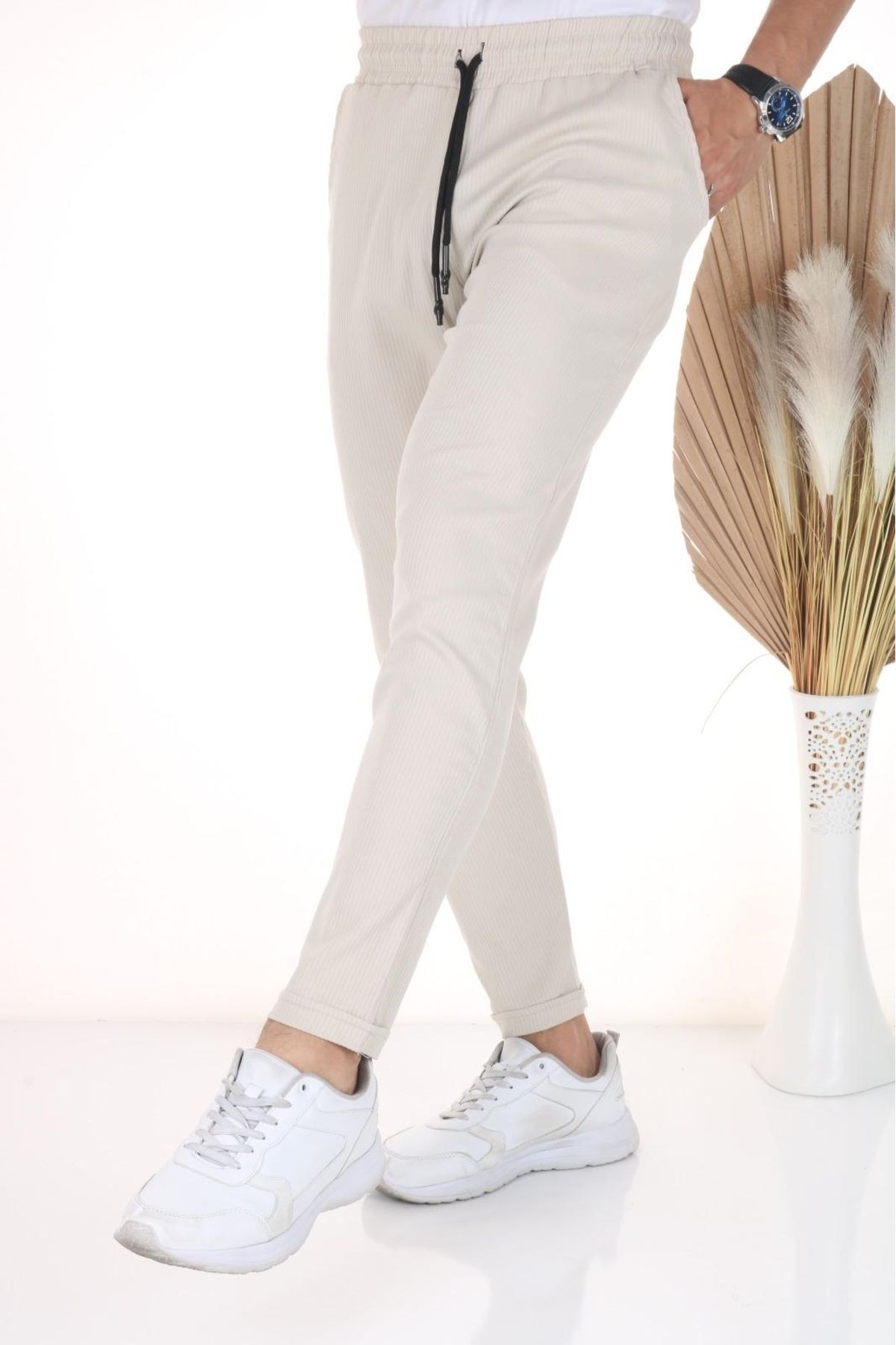 Erkek Krem Beli Bağcıklı Duble Paça Yandan Cepli Fitilli Jogger Pantolon