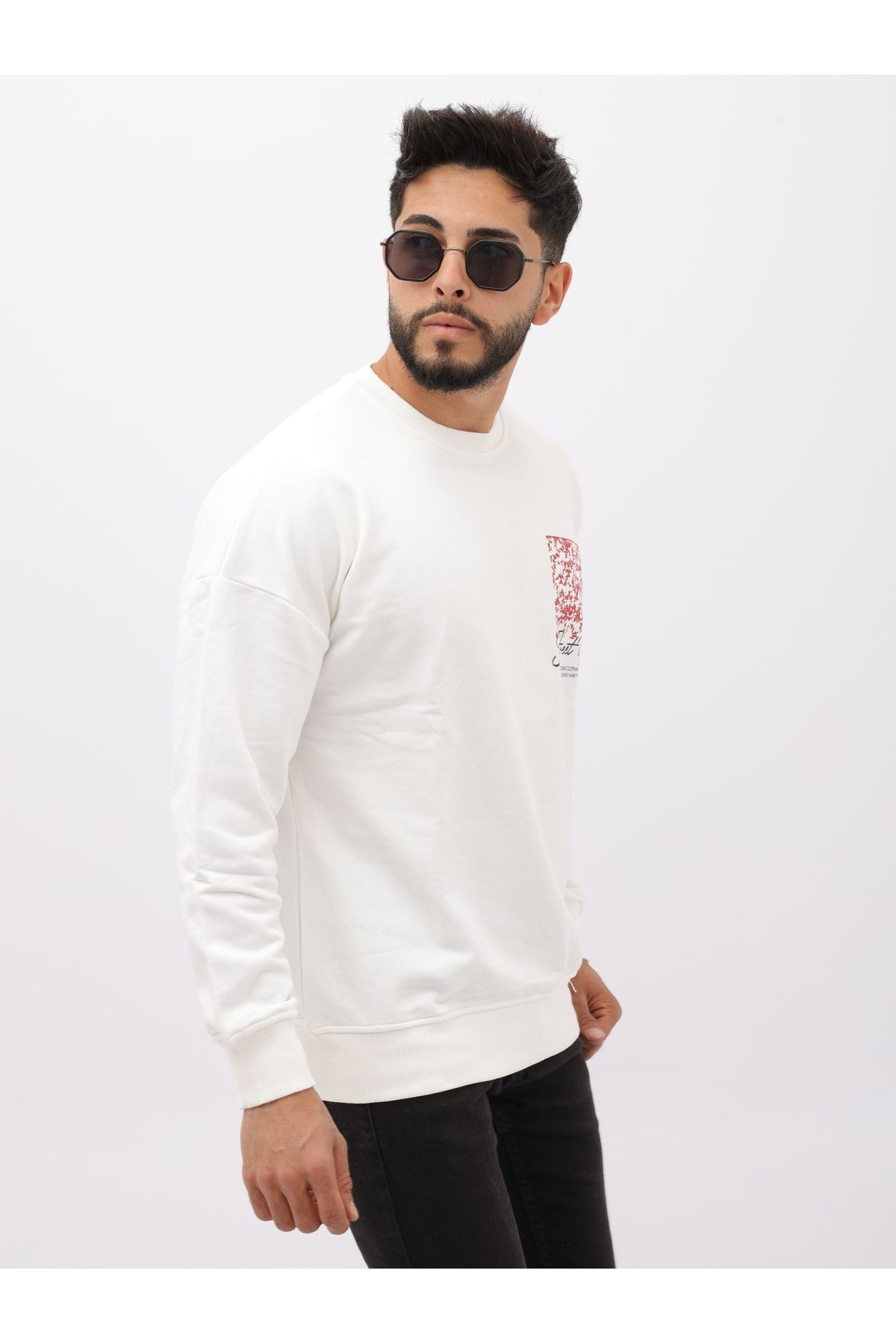 Beyaz Renk Baskılı Bisiklet Yaka Oversize Sweatshirt
