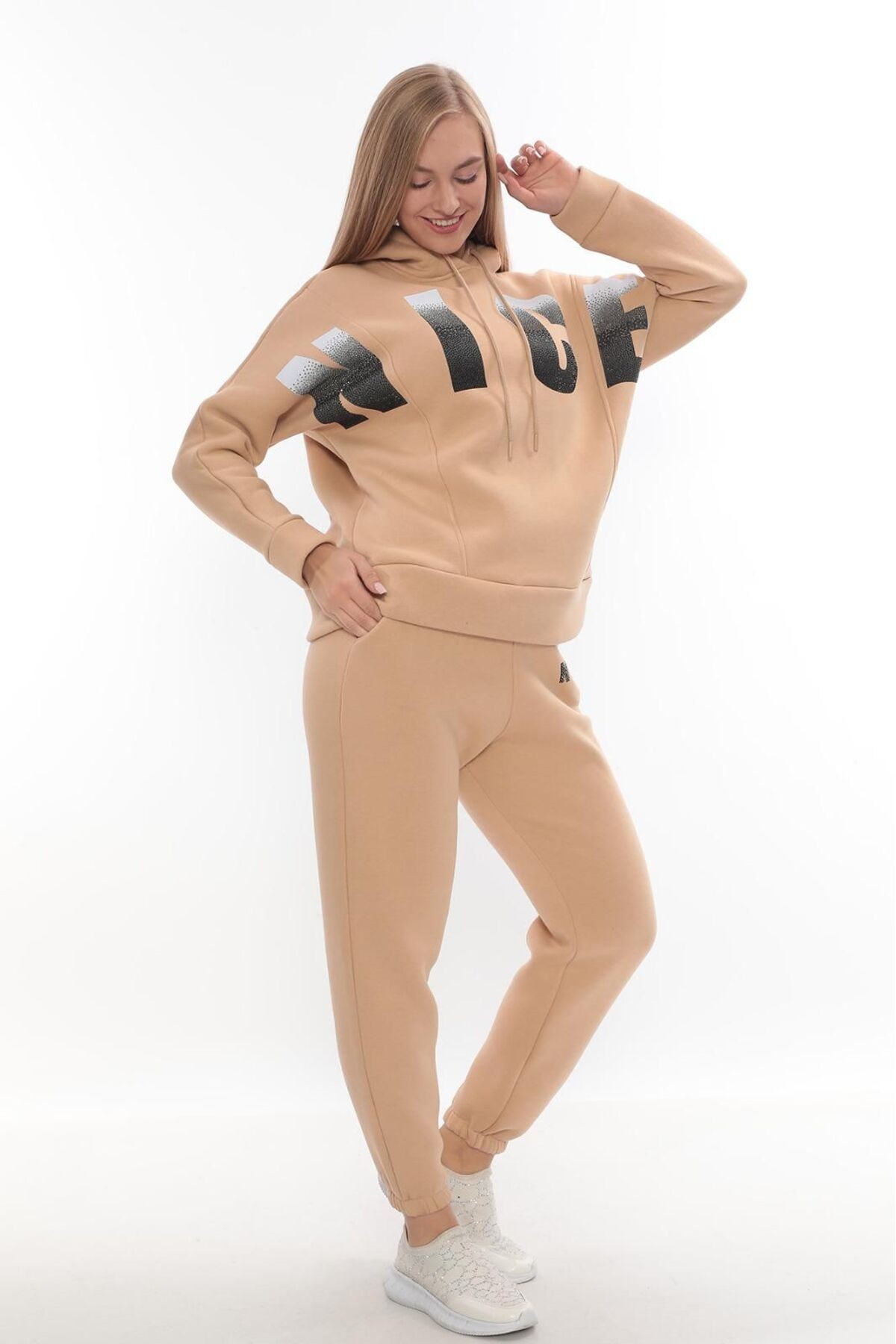 Eşofman Takımı Sweatshirt Jogger - Bej Baskılı Oversize Şardonlu 3 İplik Kapüşonlu Takım