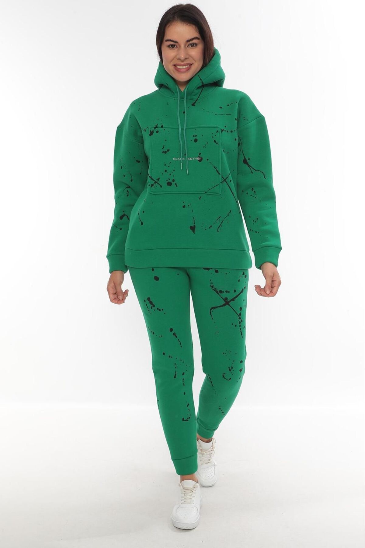 Unisex Eşofman Takımı Sweatshirt Jogger - Bej Baskılı Oversize Şardonlu 3 İplik Kapüşonlu Takım