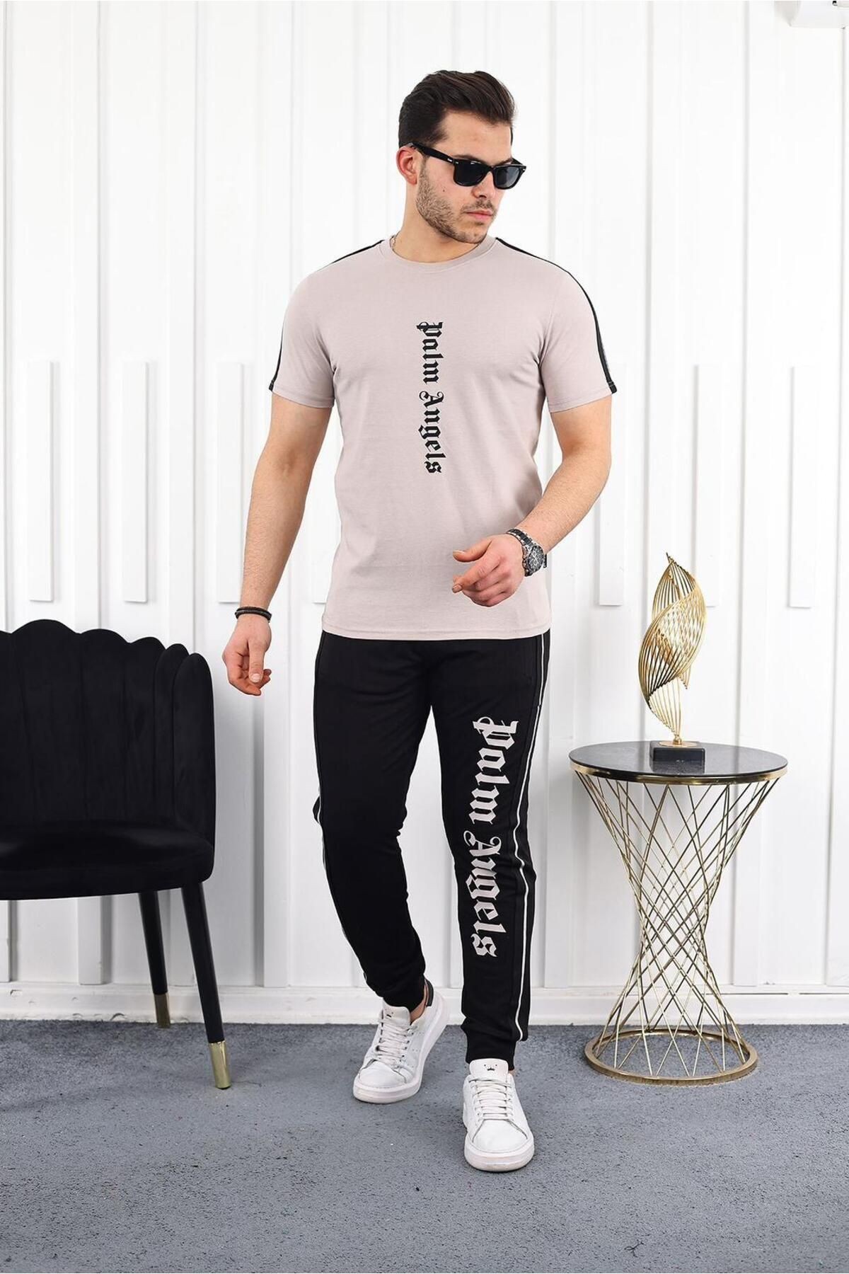 Erkek Bej Angels Baskılı Regular Fit Eşofman Takımı
