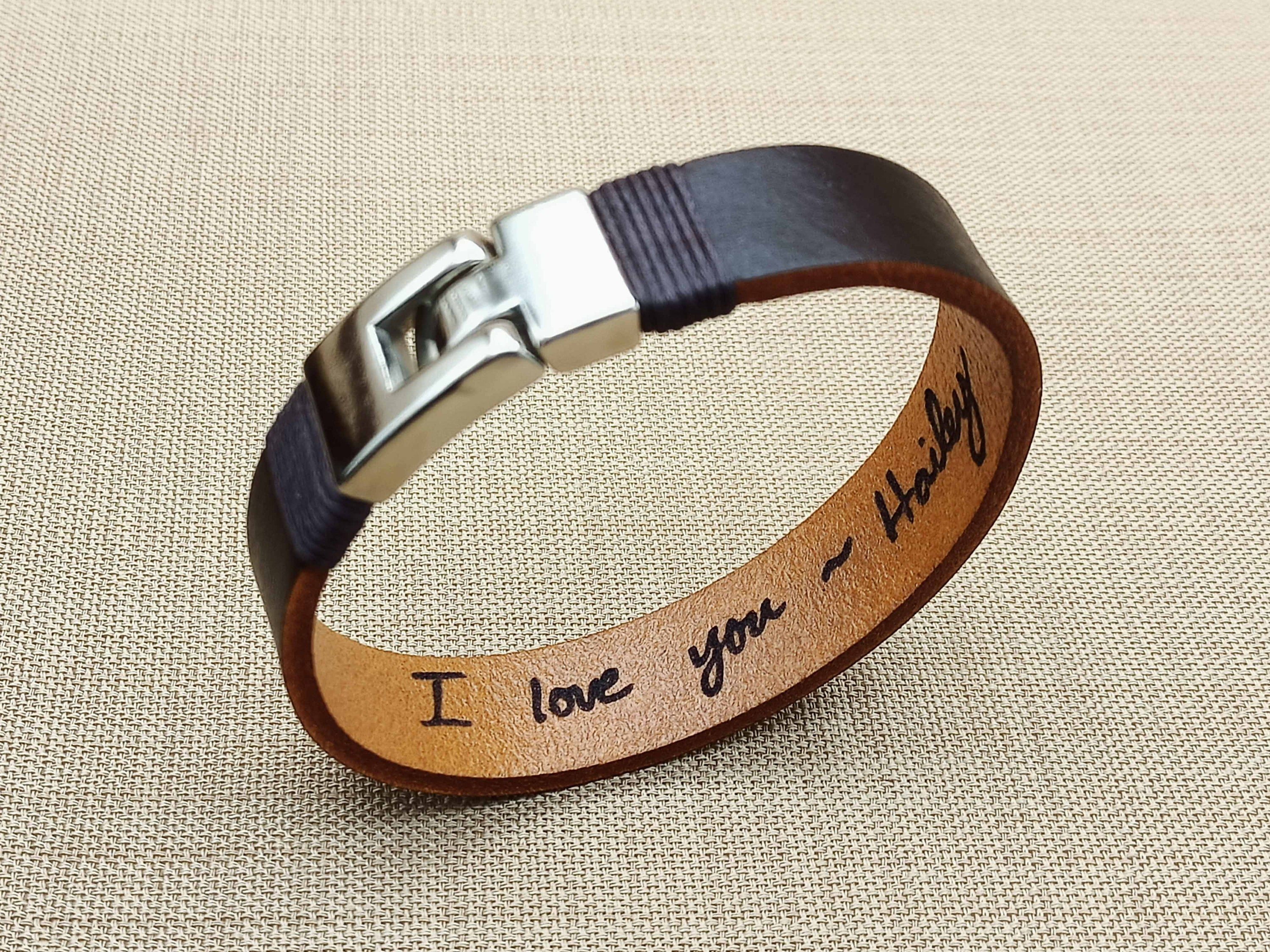 Actual Handwriting Leather Bracelet, Personalized Gift for Him, Engraved Leather Bracelet