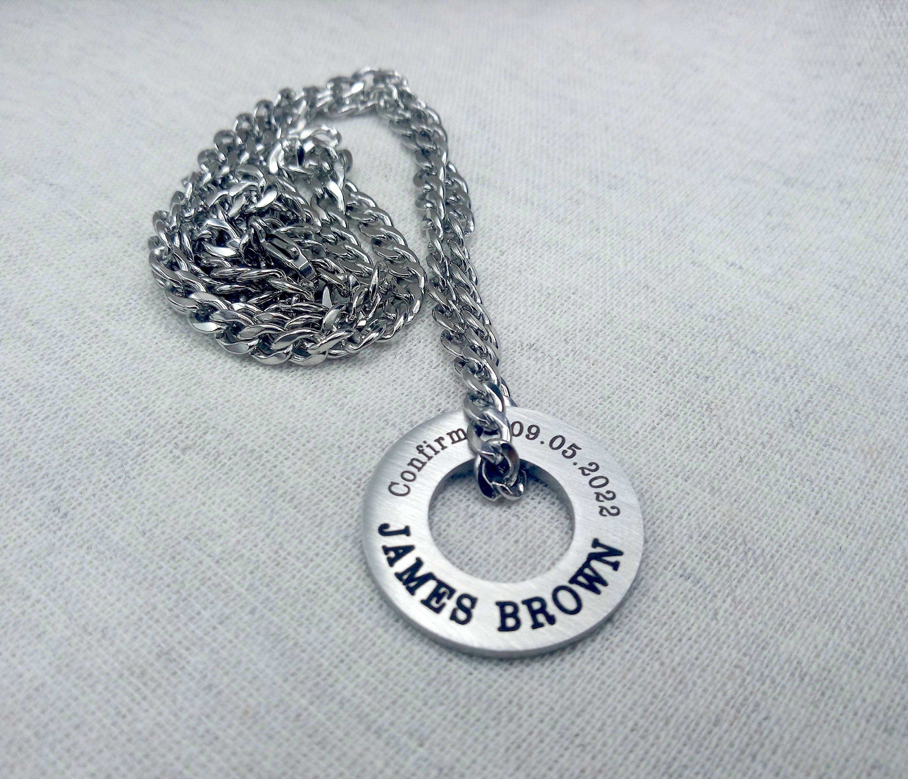 Personalized Washer Necklace, Custom Engraved Washer Mens Necklace, Confirmation Gift for Son, Baptism Gift, Religious Necklace for Man