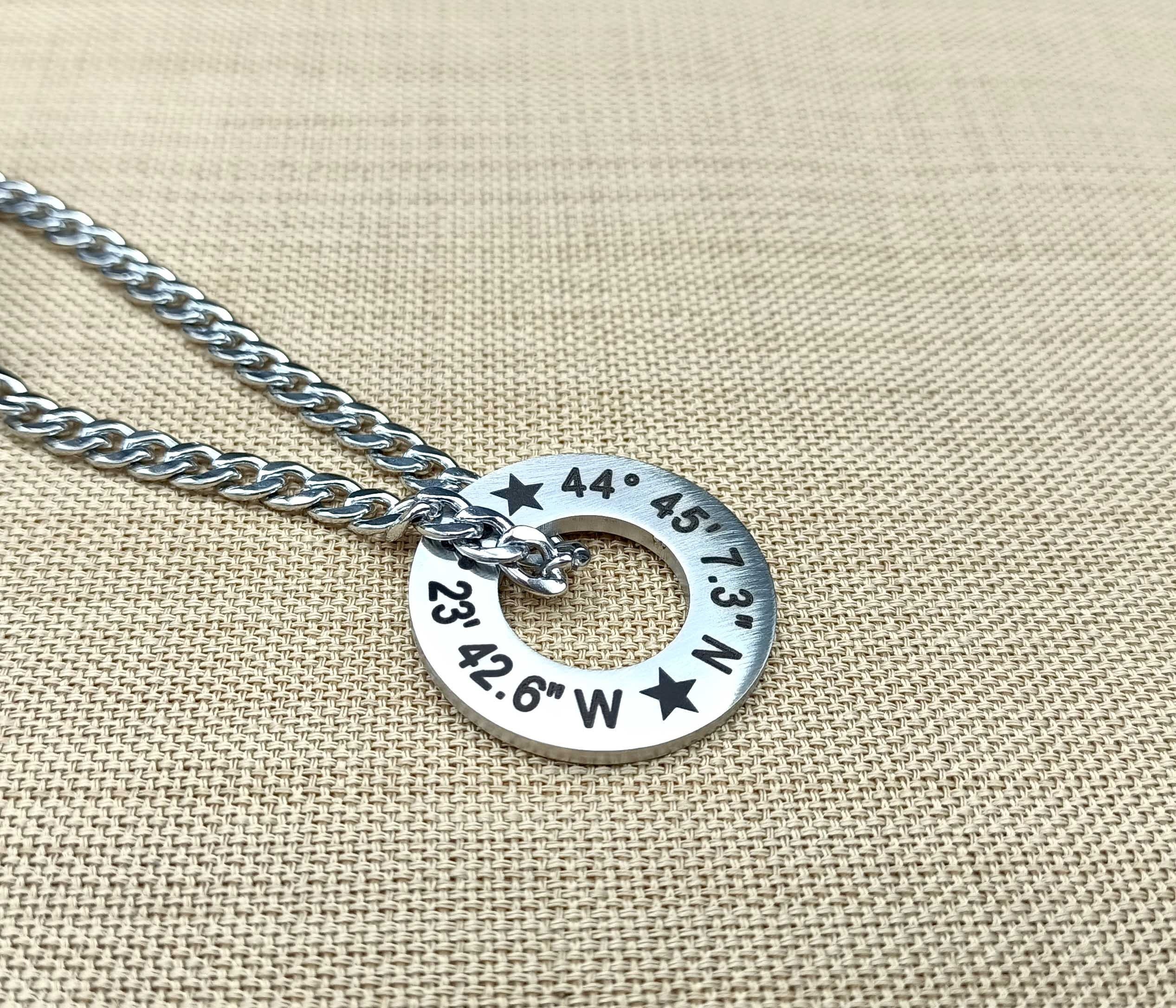 Coordinates Necklace for Men – Custom GPS Washer Necklace – Engraved Gift