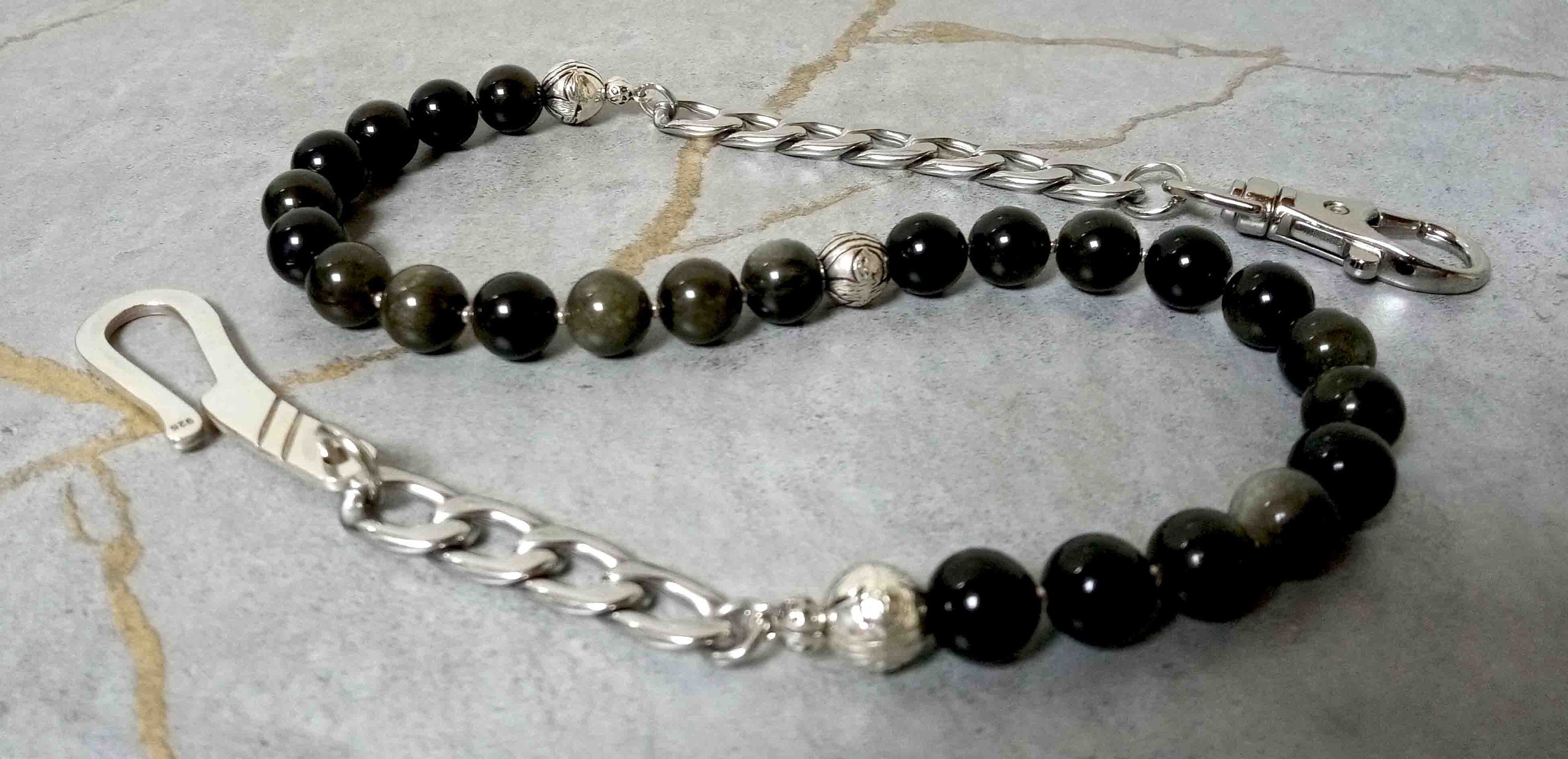 Doğal Altın Obsidyen Boncuklu Cüzdan Zinciri, Erkek Boncuklu Aksesuarlar, Taşlı Cüzdan Zinciri, Kendisine Özel Hediye