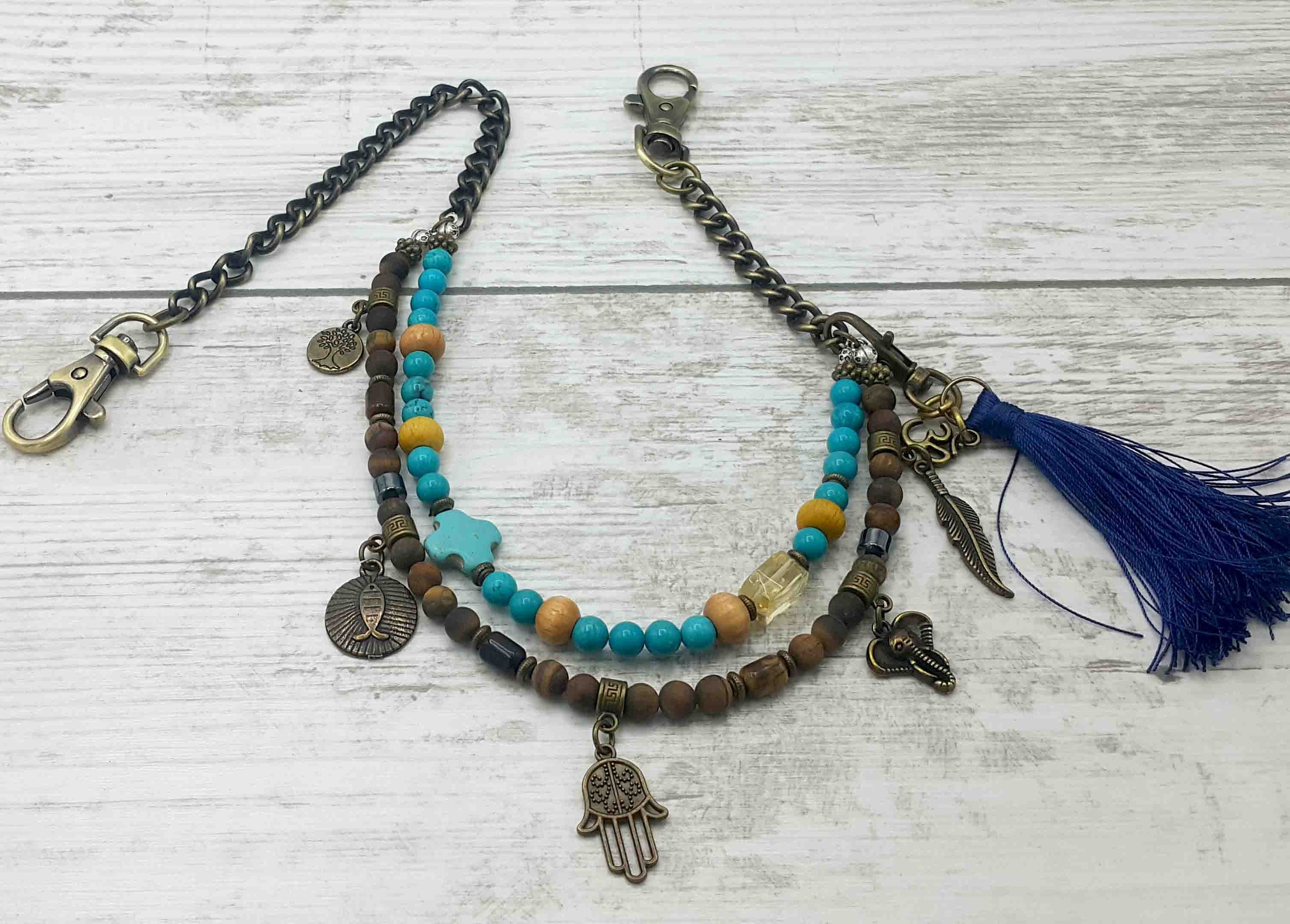 Erkek Manevi Bronz Cüzdan Zinciri, Kutsal Taş Püskül Zinciri, Bronz Zincir, Ona Hediye, Erkek Aksesuarları