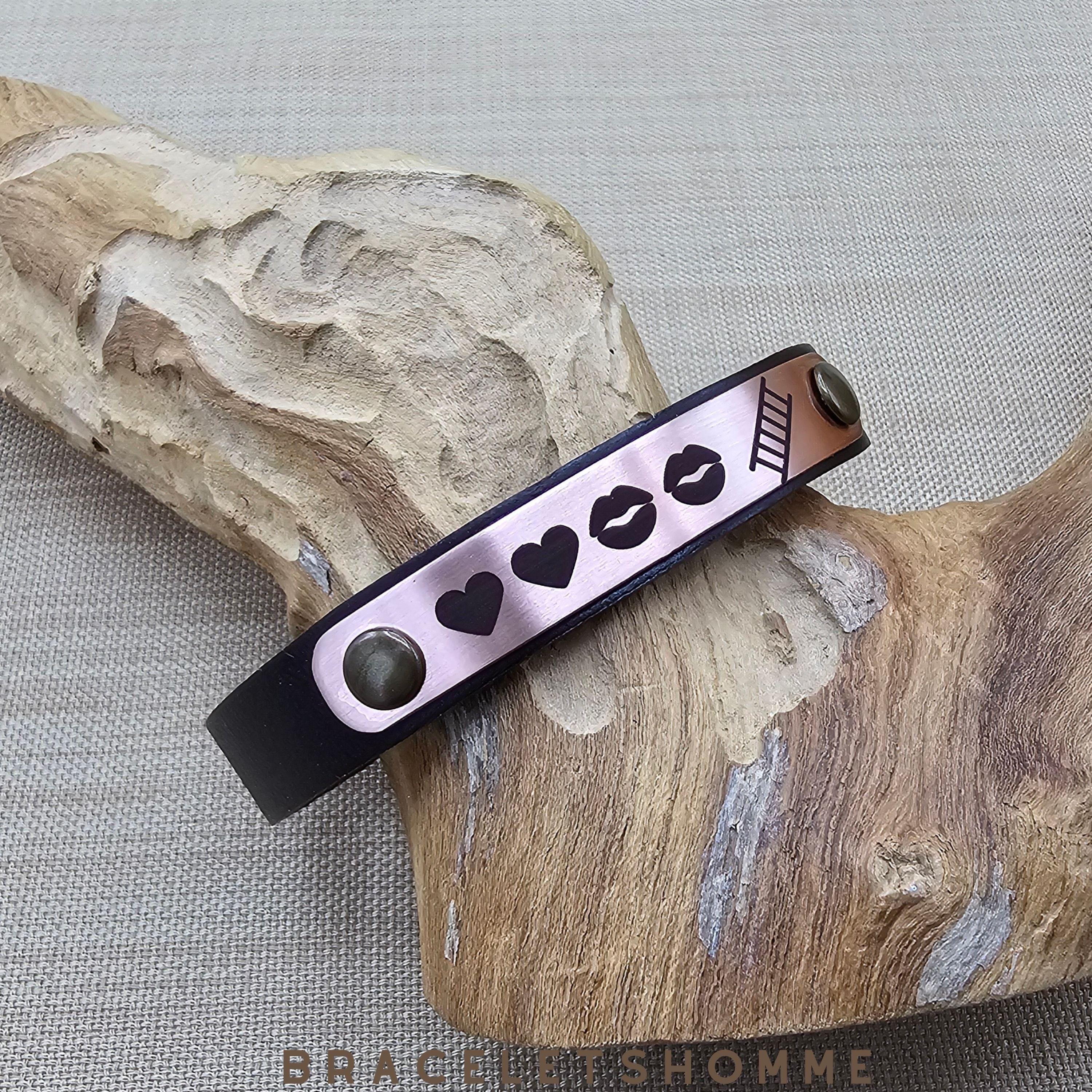 7th Anniversary Copper & Leather Bracelet | Personalized Deep Engraved Soundwave, Handwriting, Coordinates, Morse Code, or Text Message