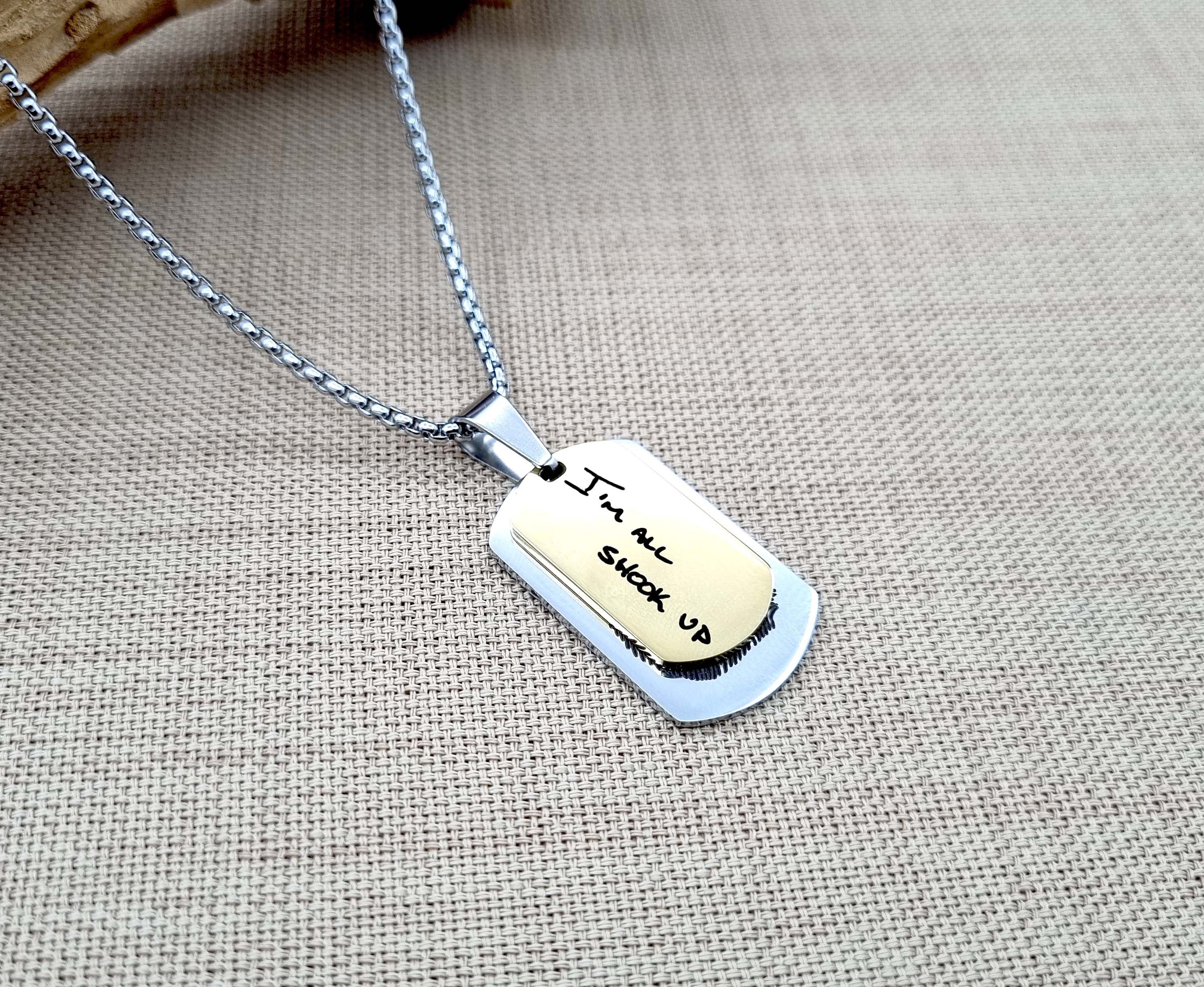 Personalized Fingerprint Necklace, Handwriting Necklace, Set of 2 Stainless Steel Dog Tag Engraved Necklace for Mens, Gift for Him