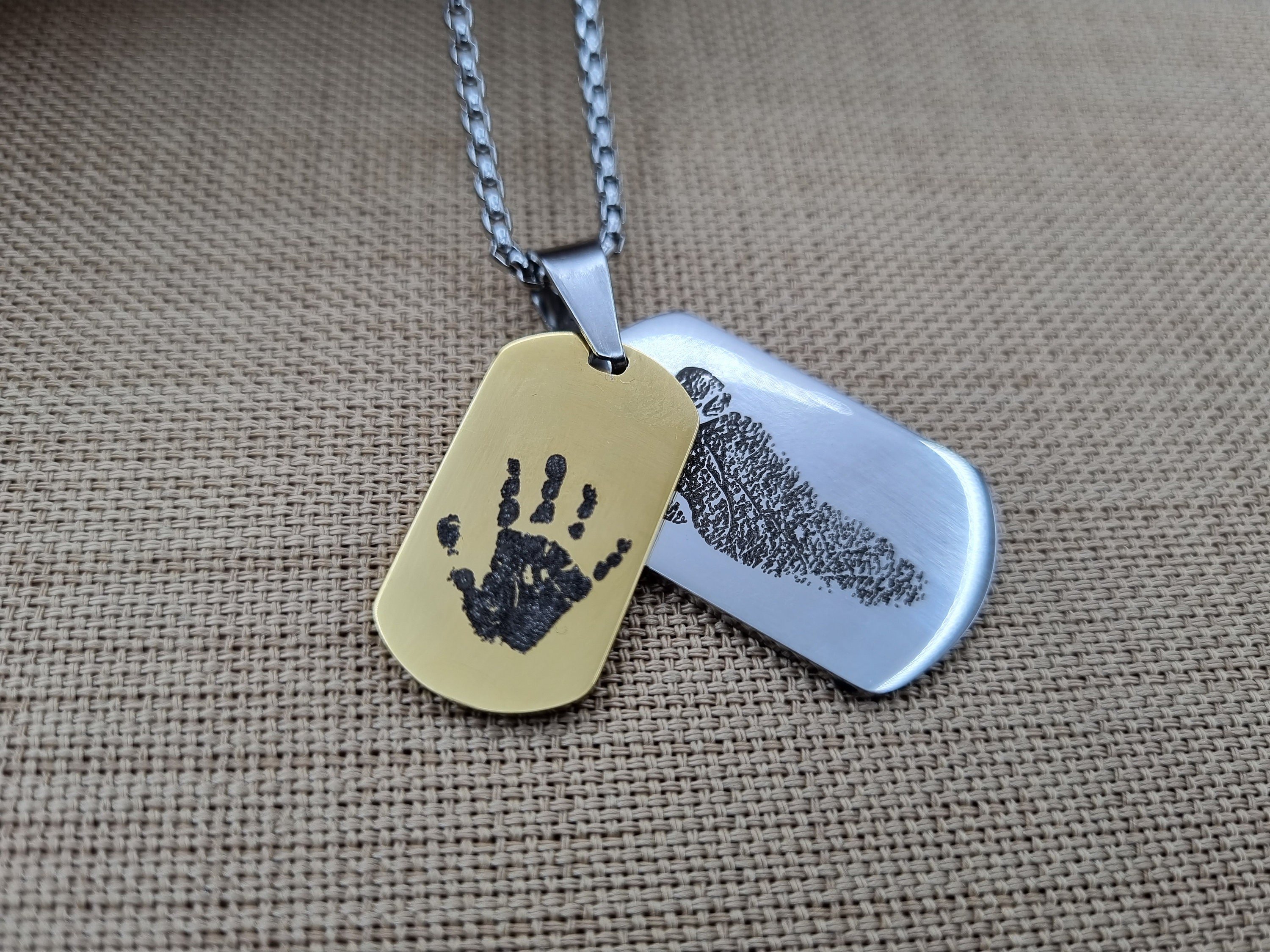 Personalized Fingerprint Necklace, Handwriting Necklace, Set of 2 Stainless Steel Dog Tag Engraved Necklace for Mens, Gift for Him