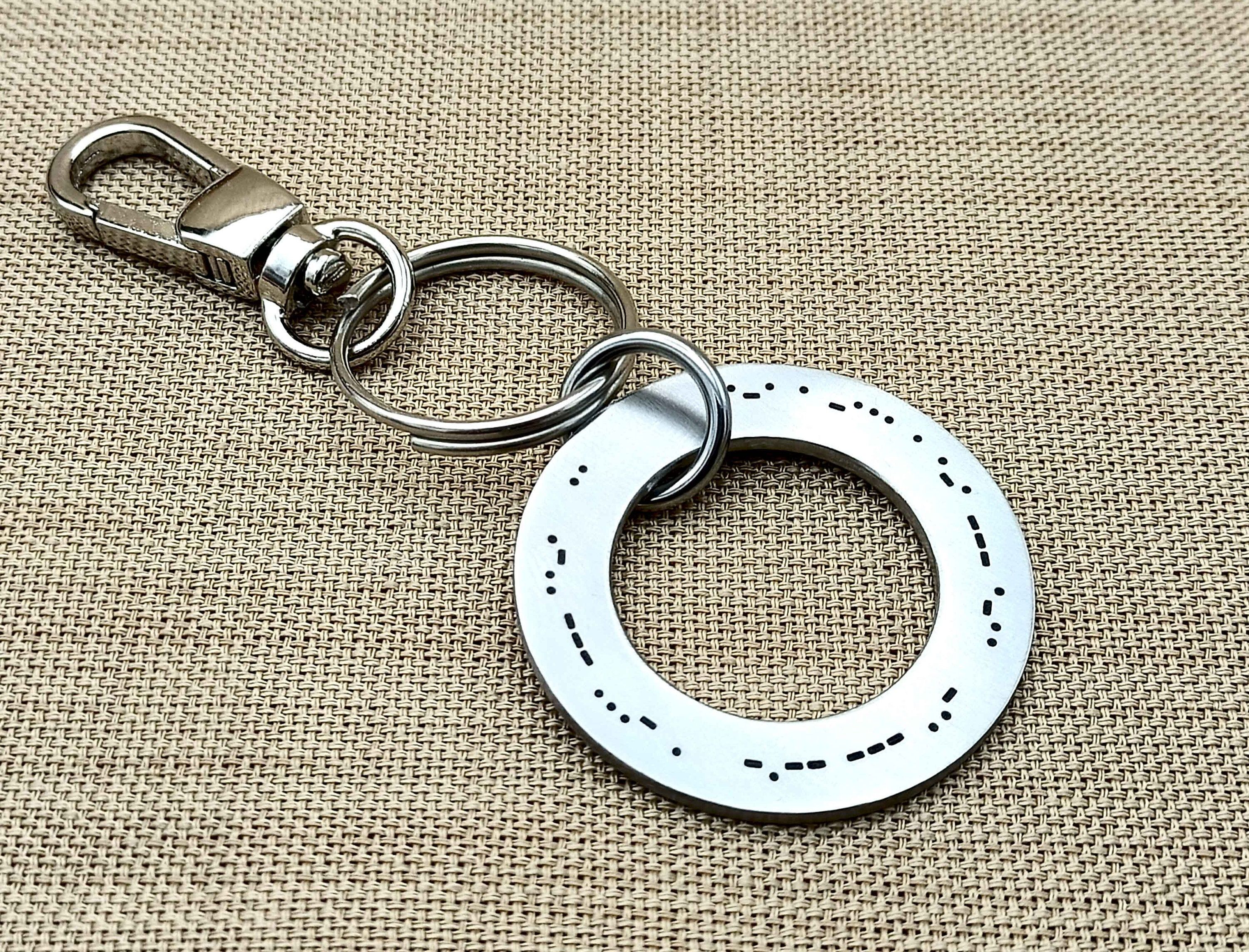 Custom Morse Code Keychain with Saffiano Leather, Engraved Washer Keychain, Birthday Gift, Graduation Gift for Him, Gift for Her