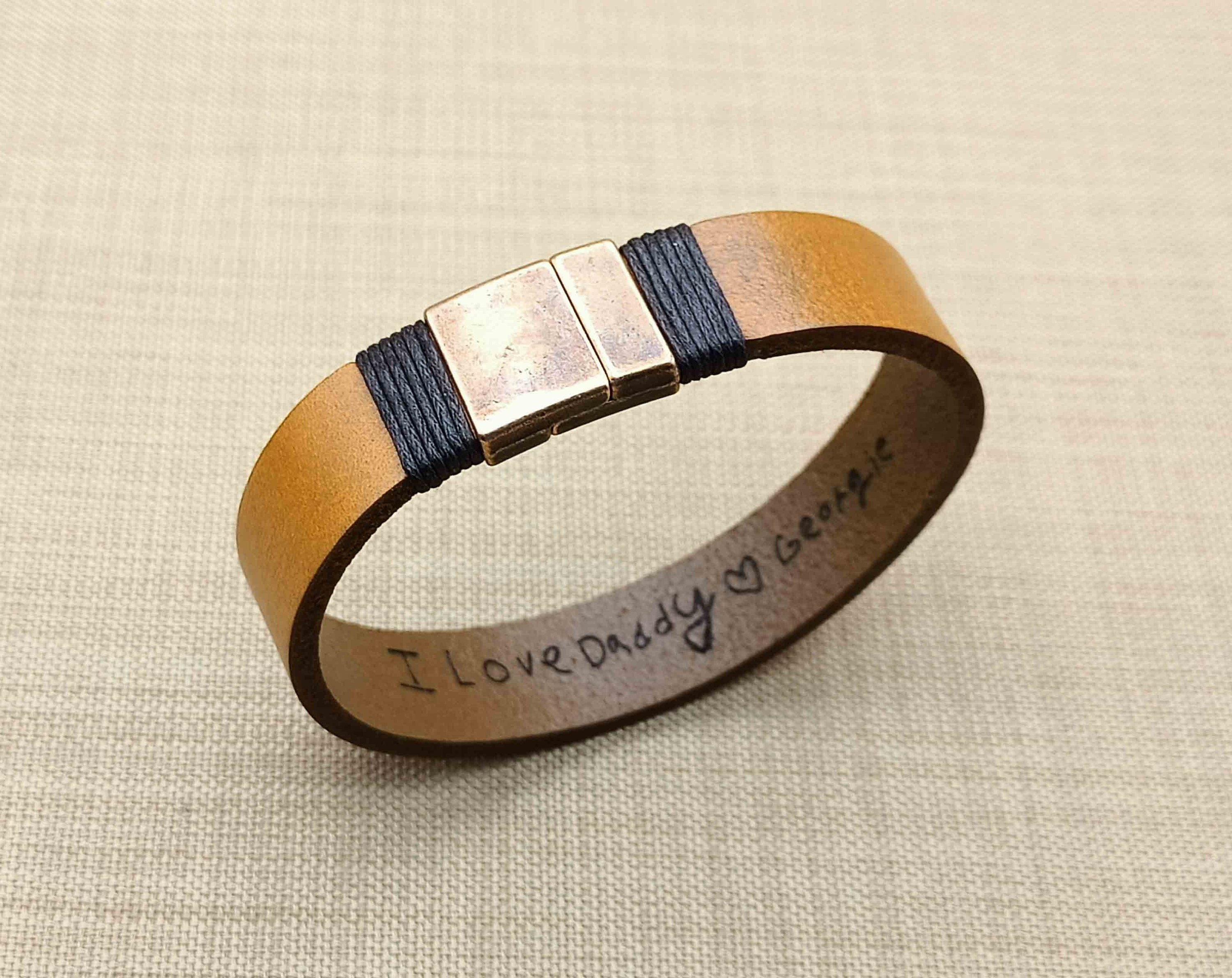 Actual Handwriting Mens Leather Bracelet, Hidden Message Bracelet, Engraved Handwriting Bracelet, Personalized Gift for Him