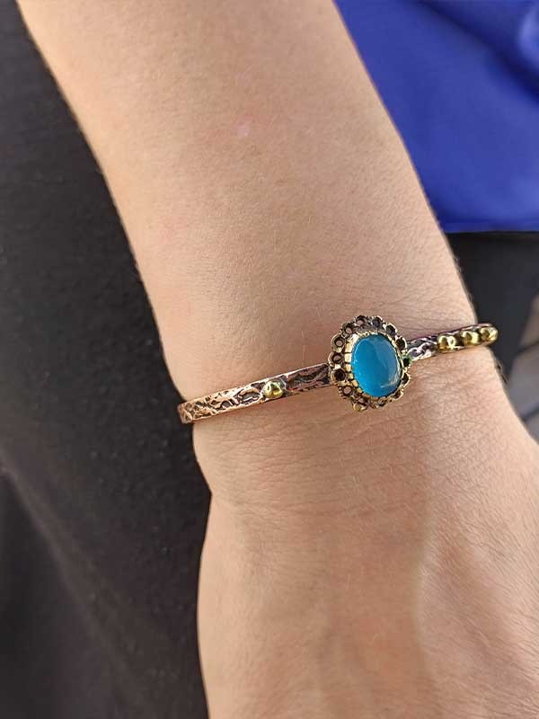 Blue Cat Eye Copper Bracelet & Ring Set – Adjustable Handmade Natural Stone Jewelry
