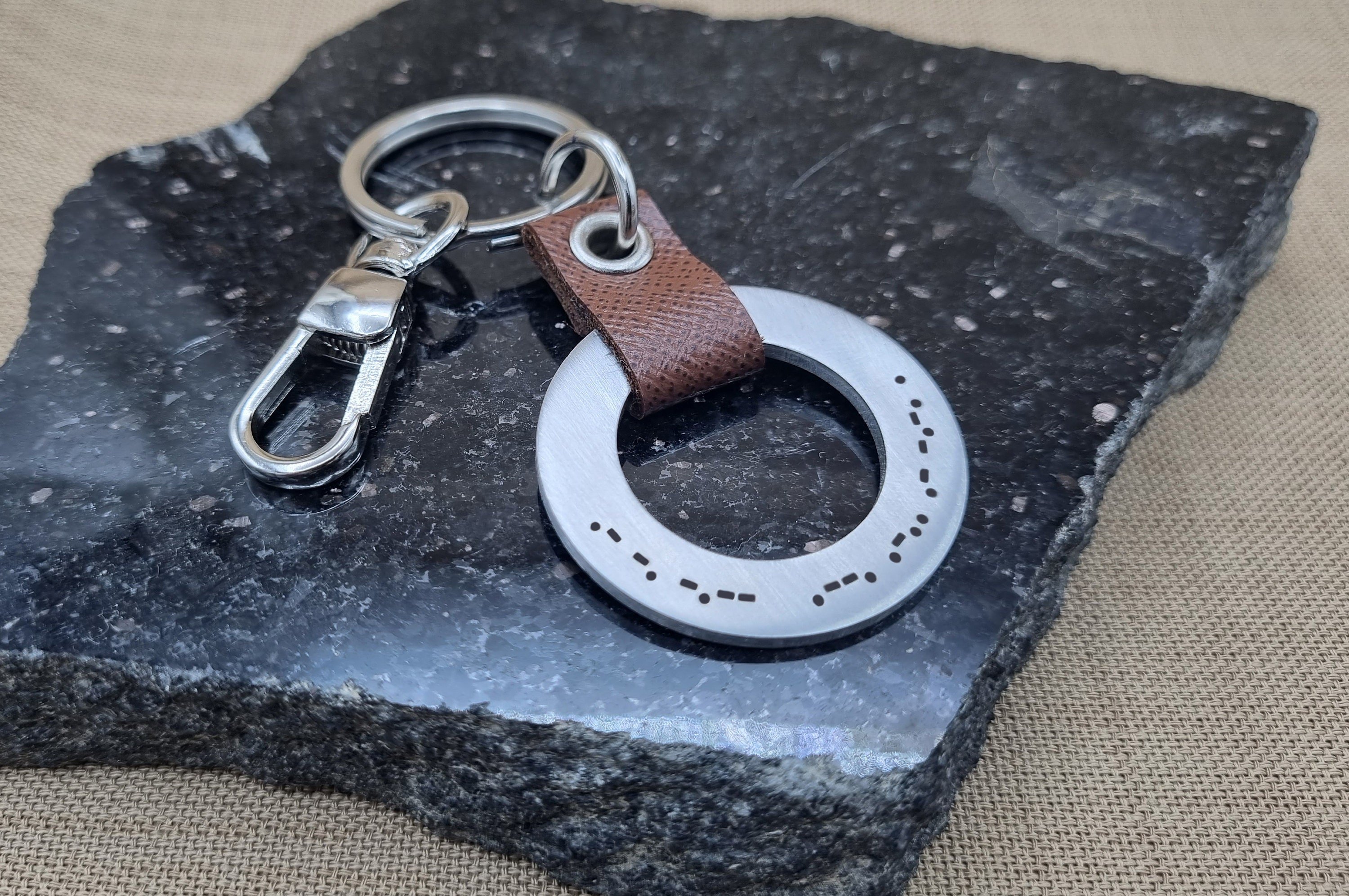 Custom Morse Code Keychain with Saffiano Leather, Engraved Washer Keychain, Birthday Gift, Graduation Gift for Him, Gift for Her