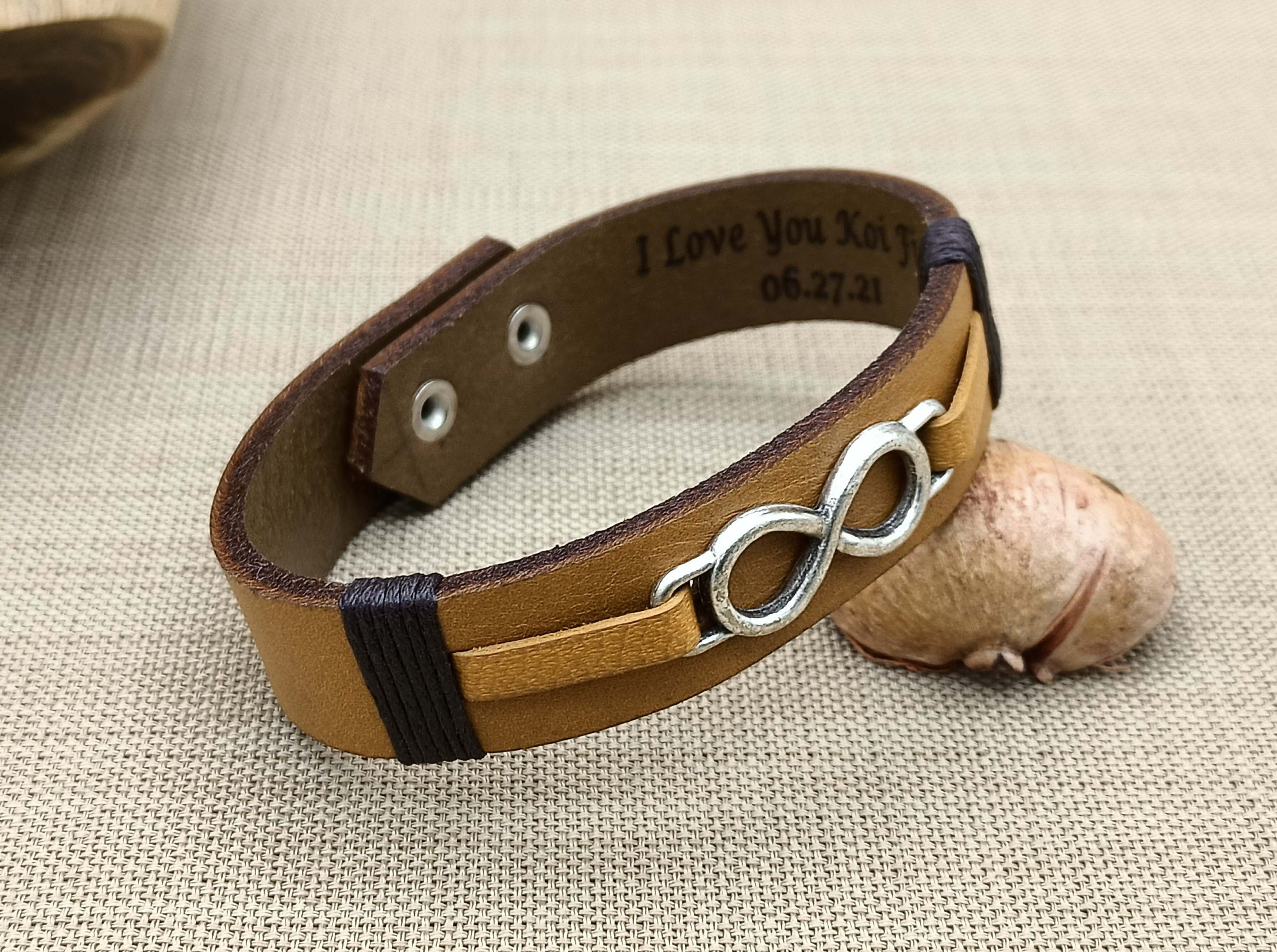 Personalized Infinity Bracelet for Men, Friendship Bracelet, Custom Engraved Leather Bracelet, Boyfriend Valentine's Day Gift for Him