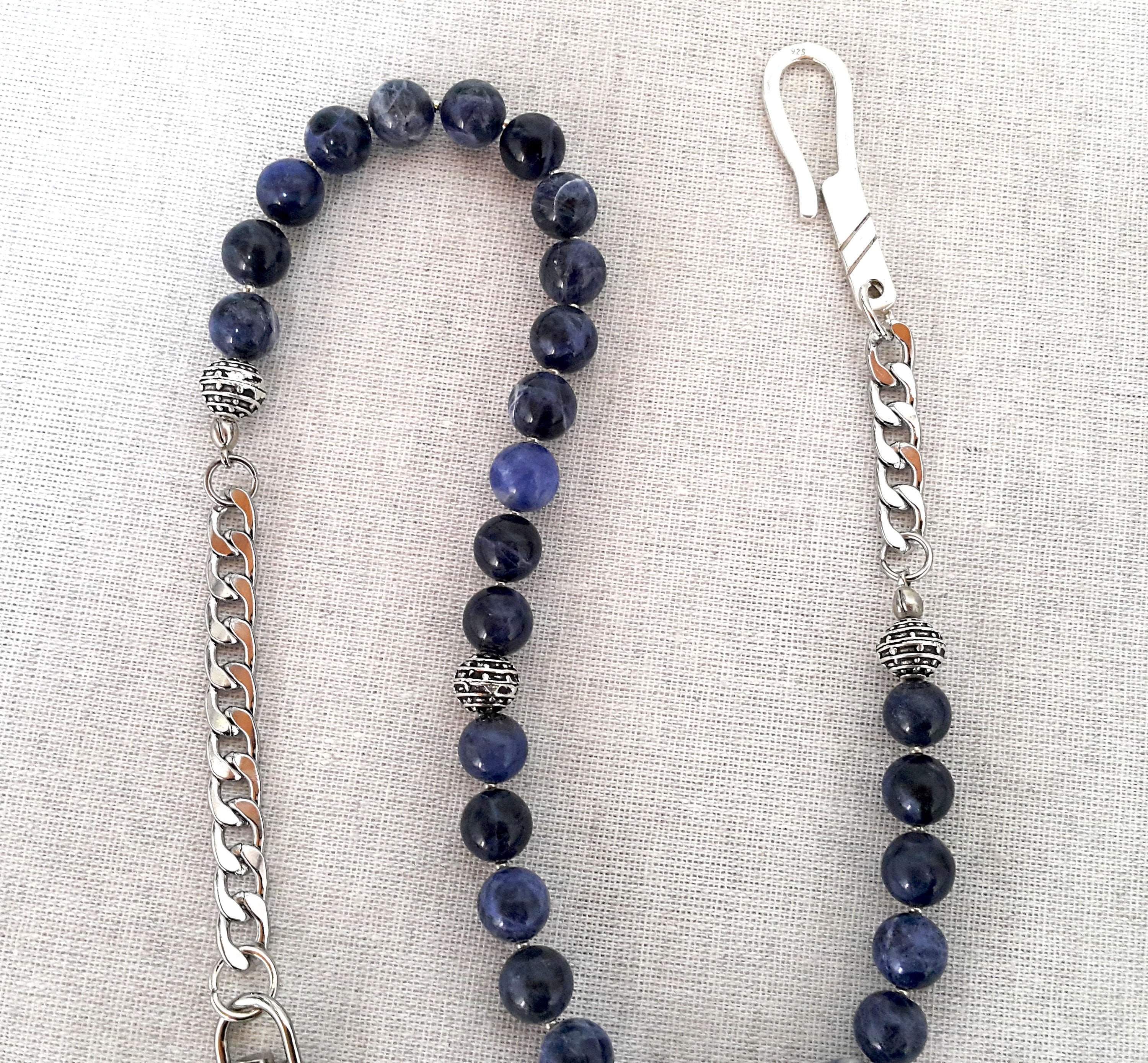 Blue Sodalite Beaded Wallet Chain for Mens, 925 Sterling Silver Handmade Hook, Handmade Mens Jewelry, 10 mm Blue Beaded Wallet Chain