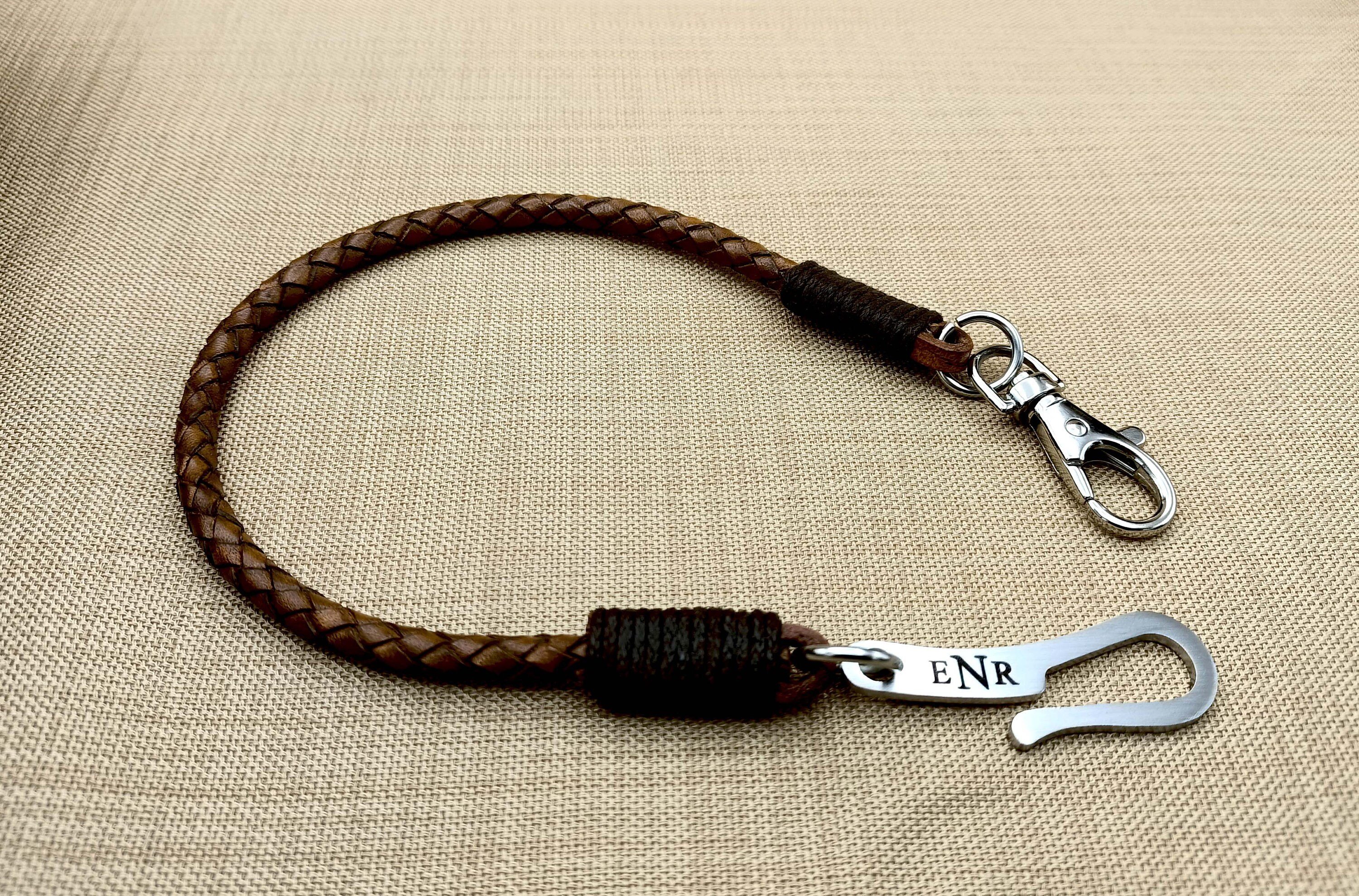 Braided Leather Lanyard with Stainless Steel Hook, Leather Wallet Chain, Security Leather Lanyard for Men