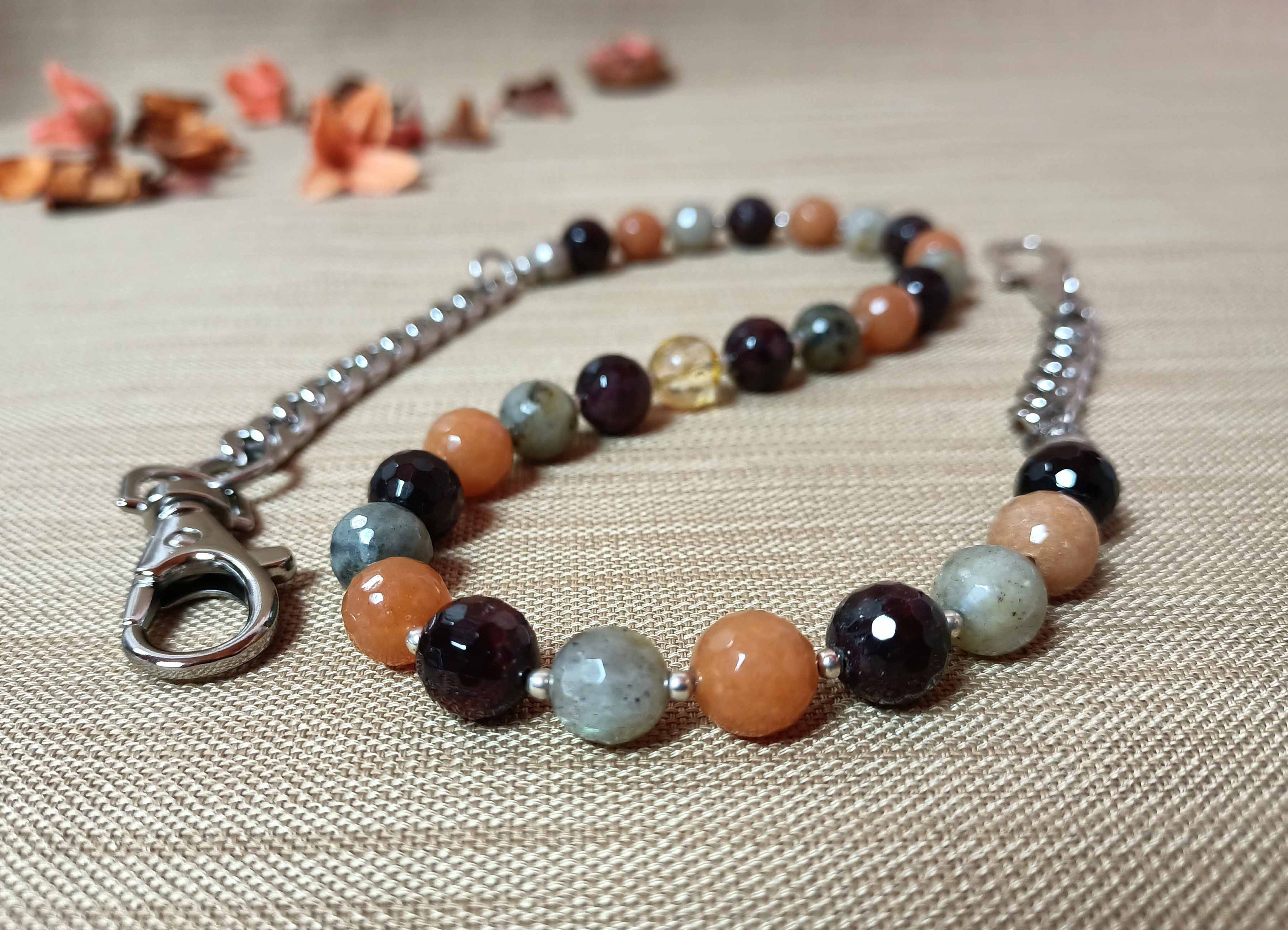 Mens Wallet Chain with Natural Gemstones and Sterling Silver Handmade Hook, Trousers Chain Gift for Him, Unique Design Accessories for Men