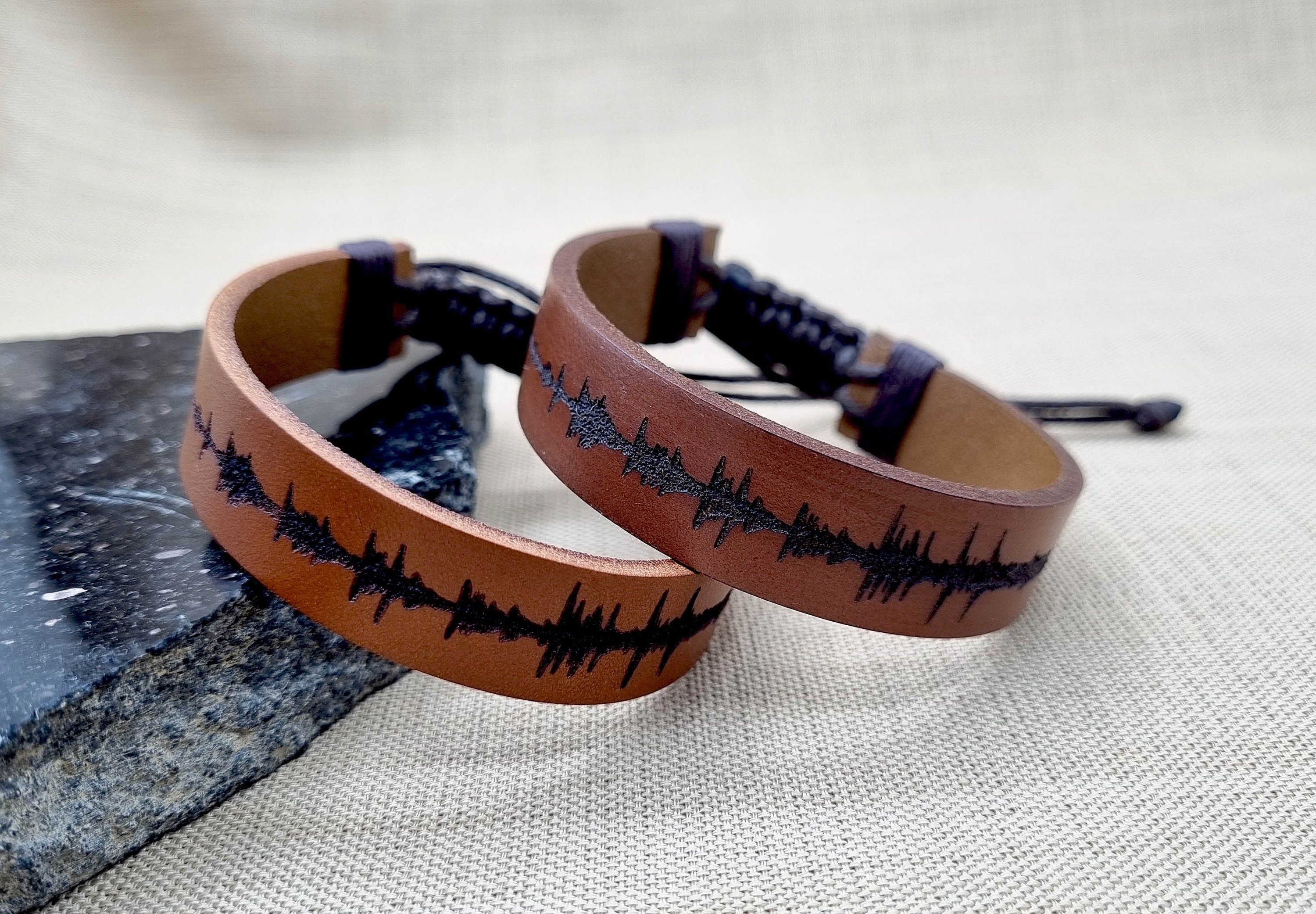 3rd Anniversary Gift for Mens, Engraved Adjustable Leather Bracelet, Soundwave Bracelet, Personalized Wedding Anniversary Gift for Him