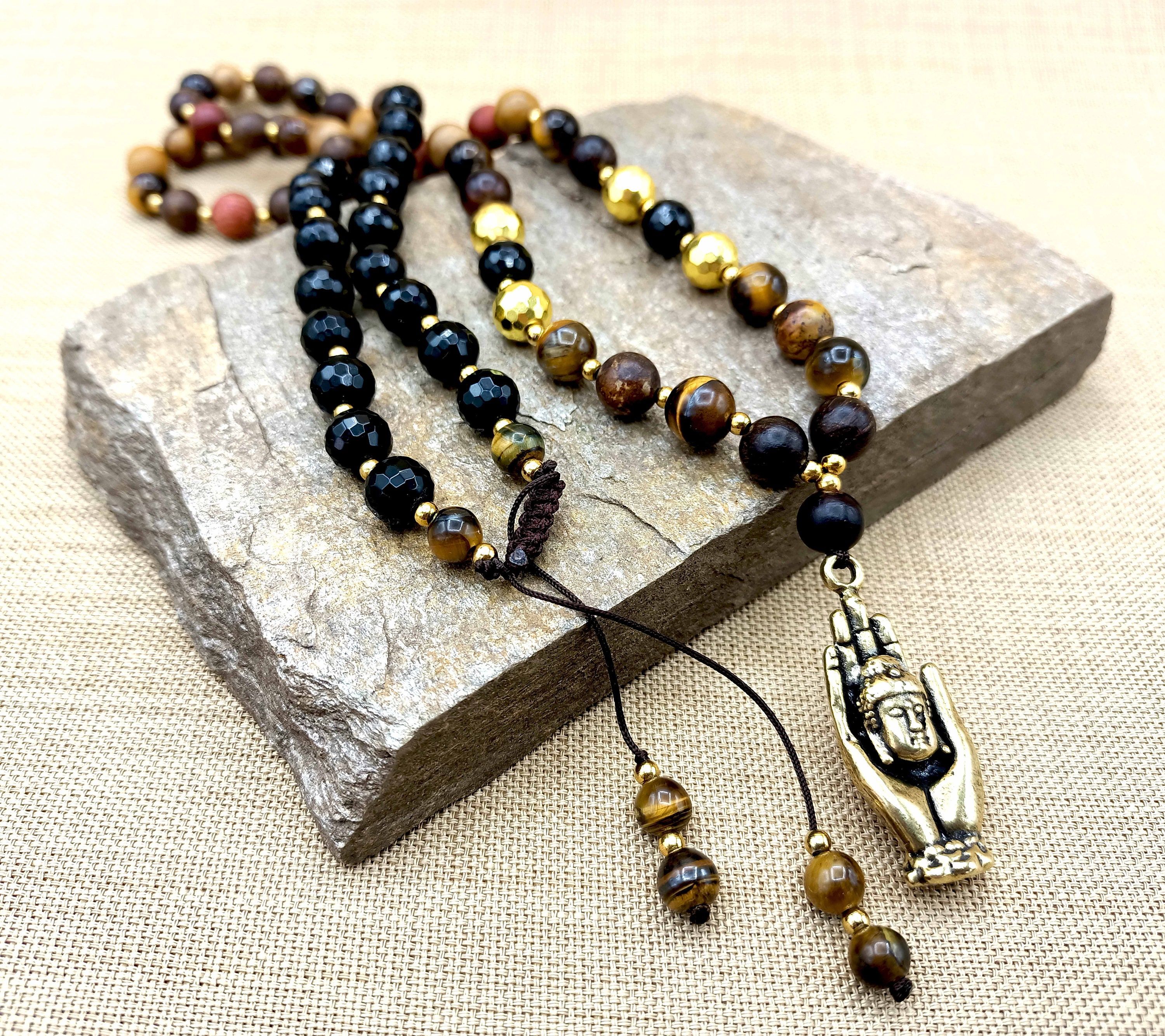 Buddha Palm Necklace, Buddhist Bohemian Beaded Necklace, Meditation Yoga Prayer Beads, Mens Protection Necklace with Abhaya Mudra Hand