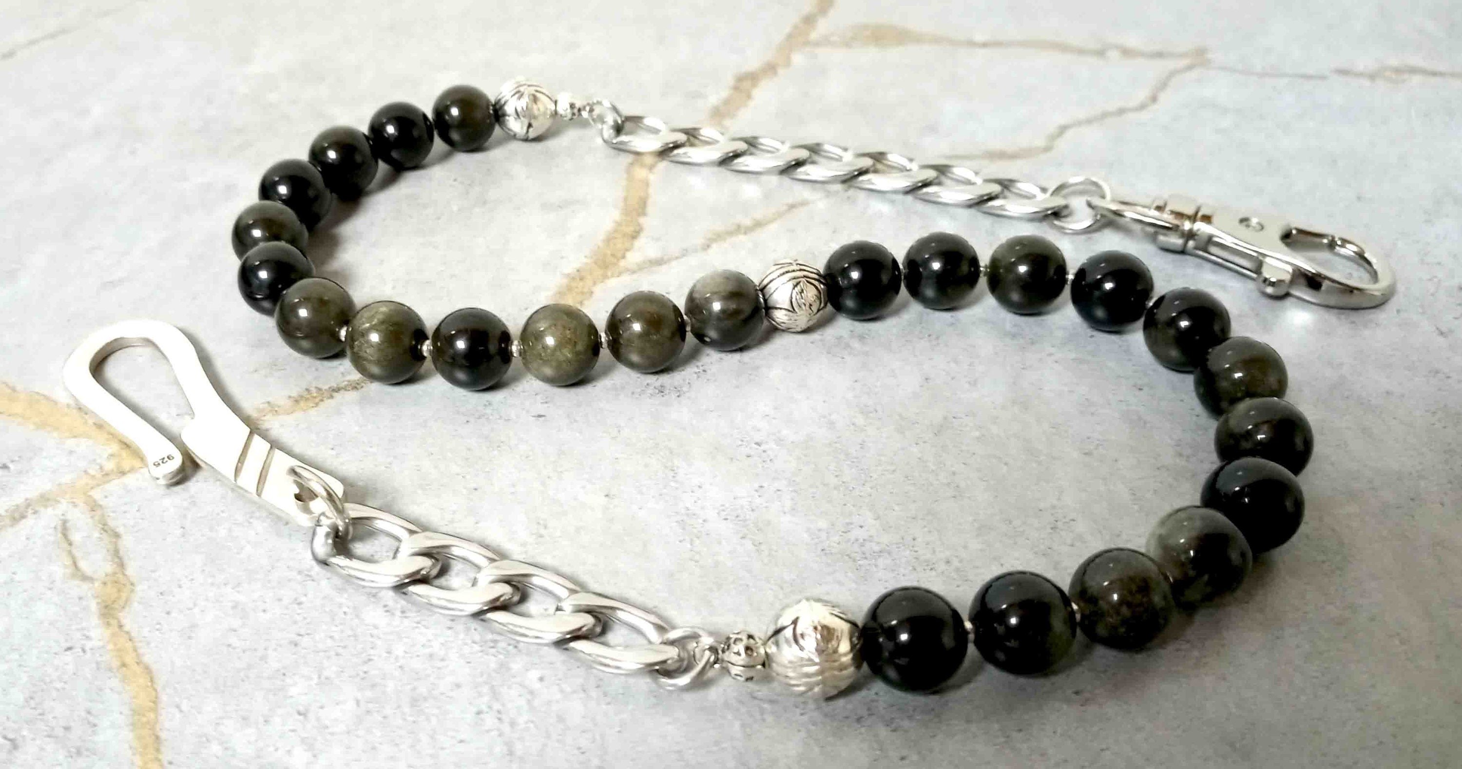 Doğal Altın Obsidyen Boncuklu Cüzdan Zinciri, Erkek Boncuklu Aksesuarlar, Taşlı Cüzdan Zinciri, Kendisine Özel Hediye
