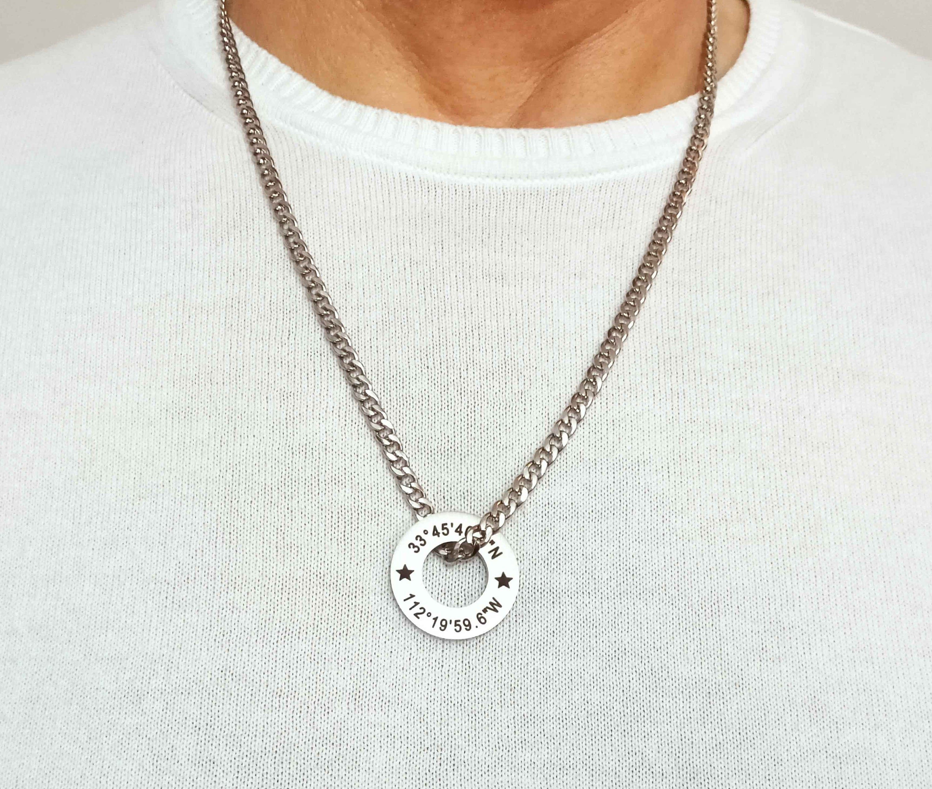 Coordinates Necklace for Men – Custom GPS Washer Necklace – Engraved Gift