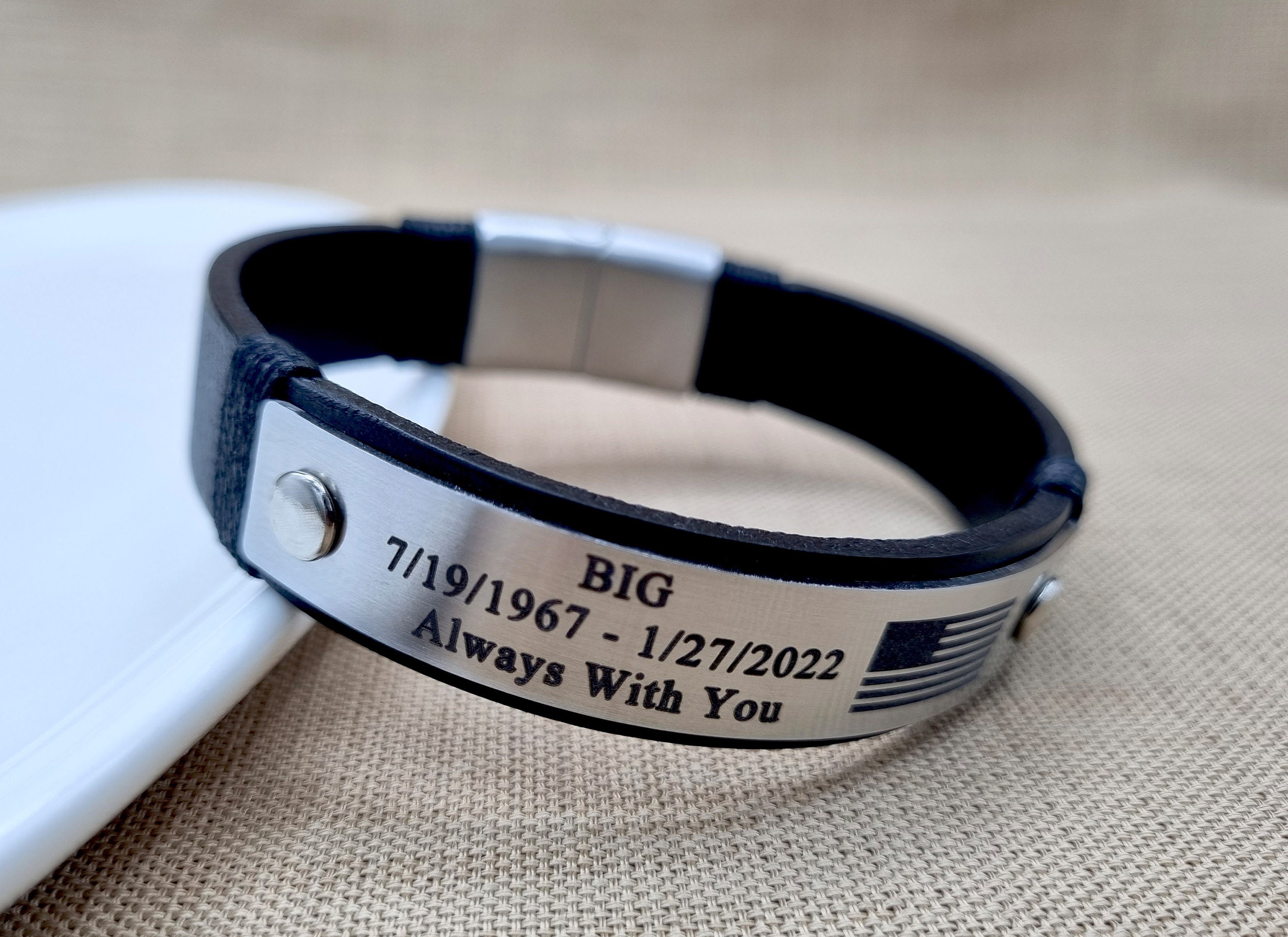 Personalized Memorial Military Leather Bracelet for Men, Deep Laser Engraved Black or Silver Stainless Steel Leather Bracelets