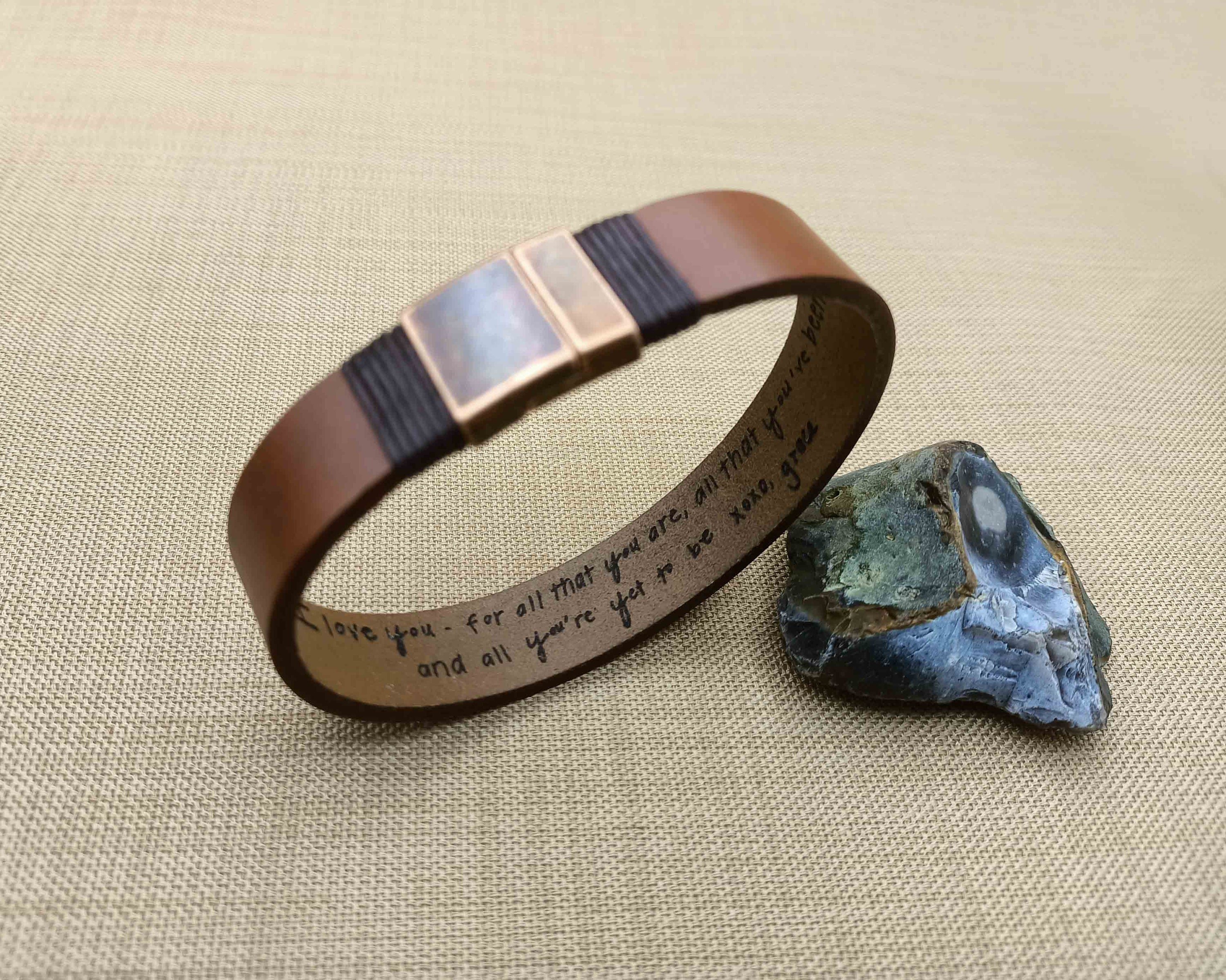Actual Handwriting Mens Leather Bracelet, Hidden Message Bracelet, Engraved Handwriting Bracelet, Personalized Gift for Him